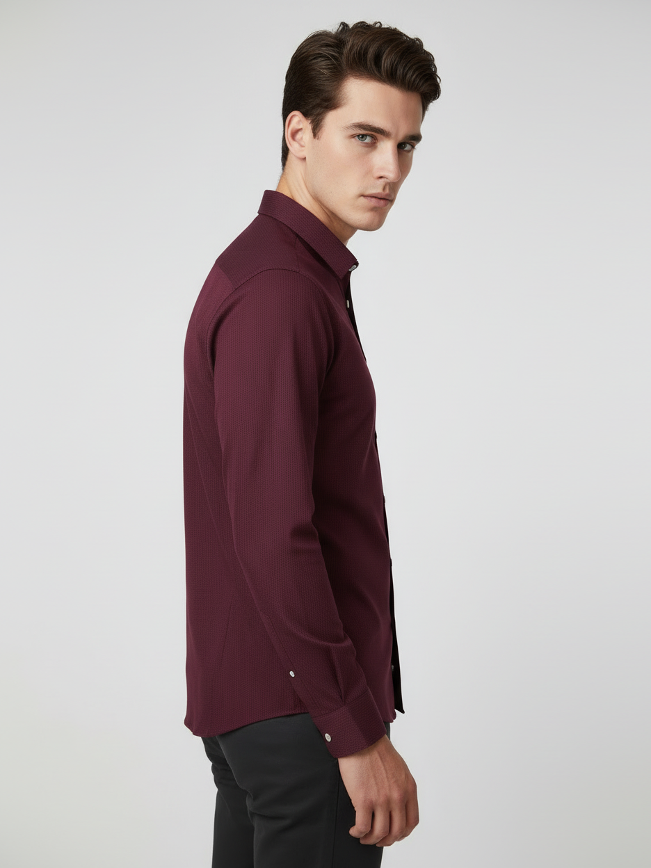 Rawgear 4 Side Lycra Slim Fit Long Sleeve Casual Shirt For Men-Dark Burgundy With Subtle Texture-RG09