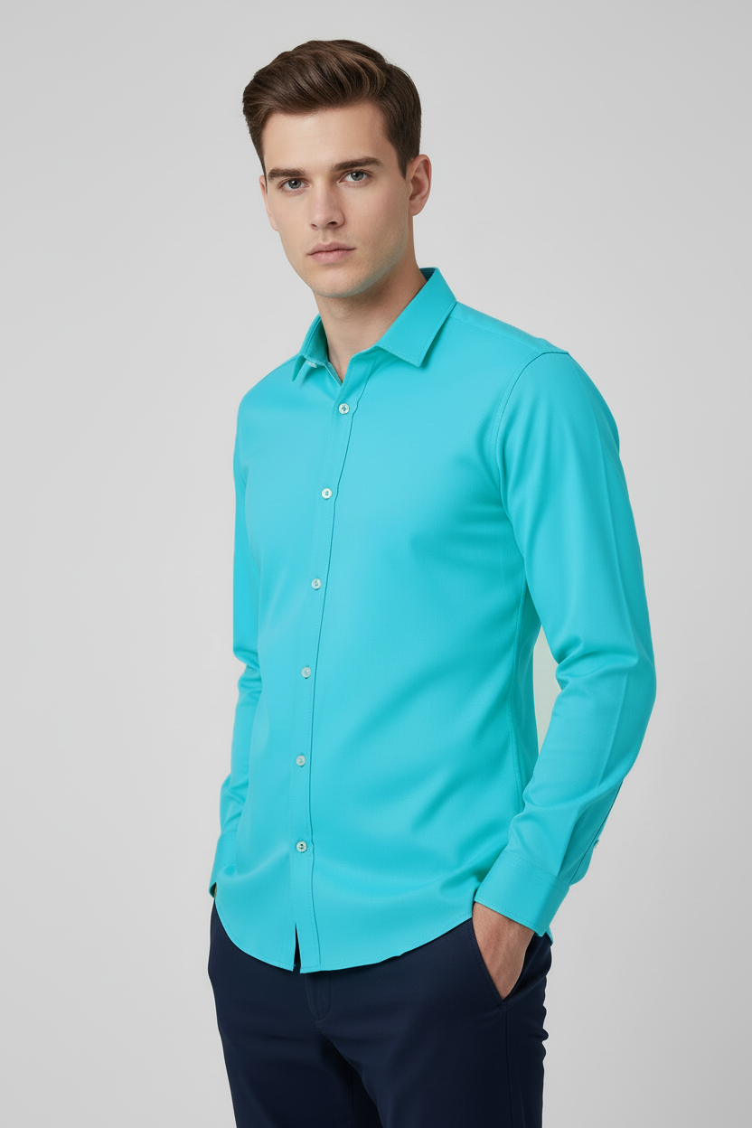 Rawgear 4 Side Lycra Slim Fit Long Sleeve Casual Shirt For Men-Cyan Blue-RG15