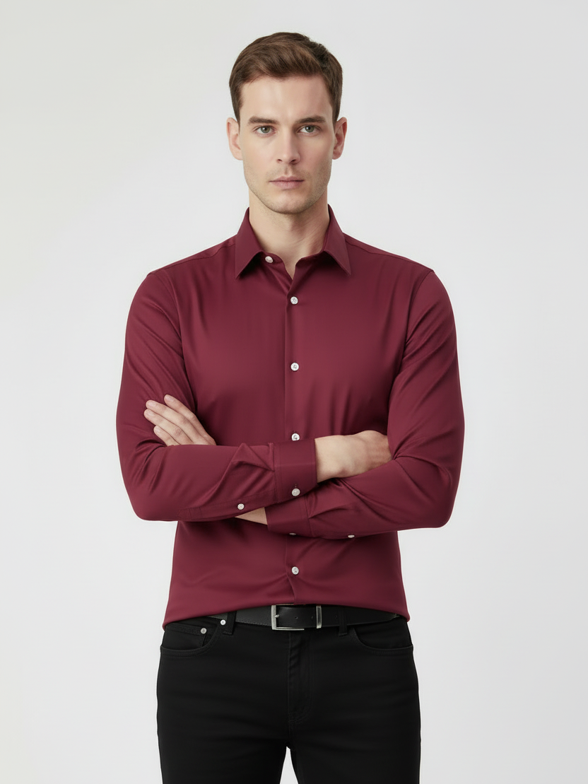 Rawgear 4 Side Lycra Slim Fit Long Sleeve Casual Shirt For Men-Burgundy-RG06