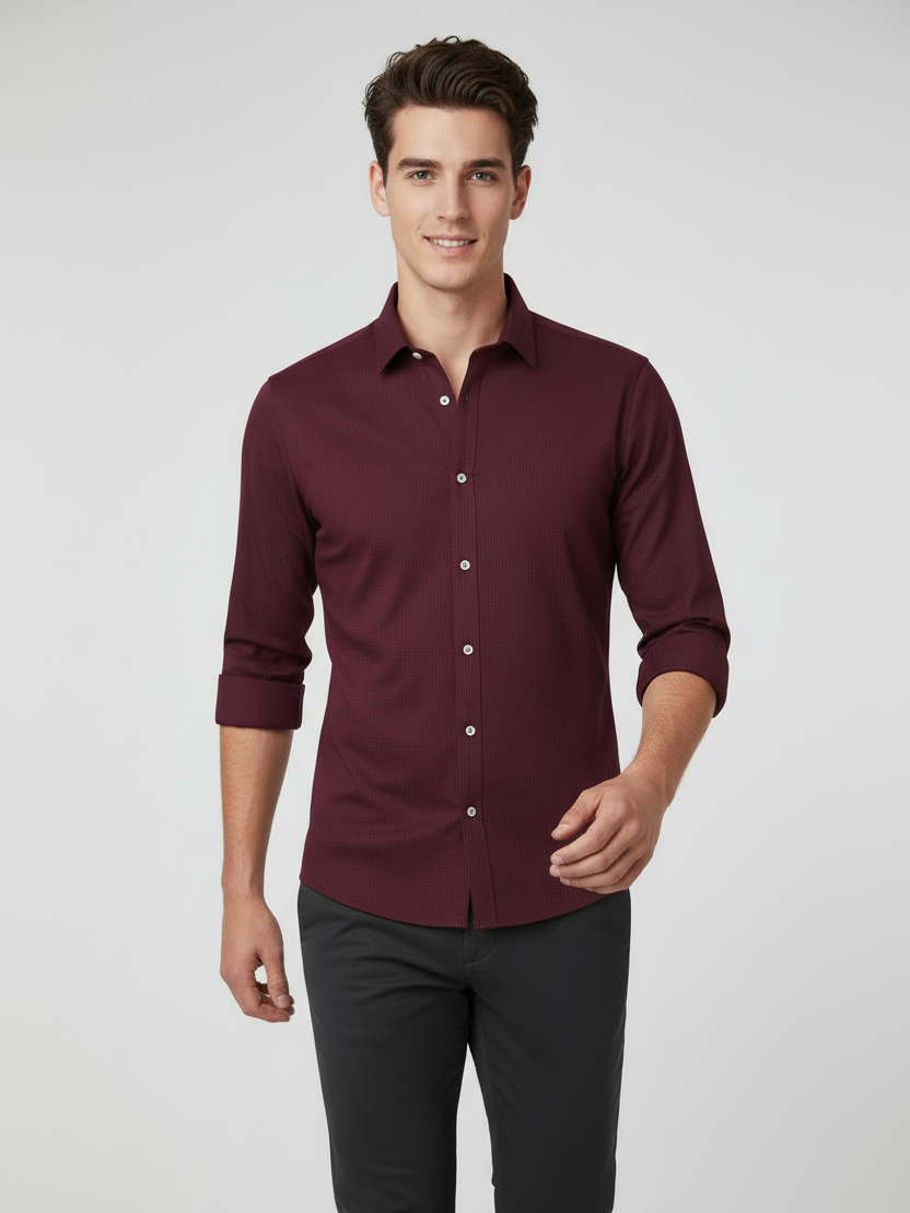 Rawgear 4 Side Lycra Slim Fit Long Sleeve Casual Shirt For Men-Dark Burgundy With Subtle Texture-RG09