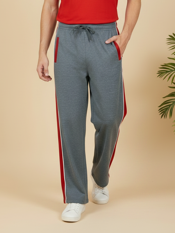 Stylish Regular Fit Summer Trouser For Men-Charcoal Melange With Red Stripe-NST24