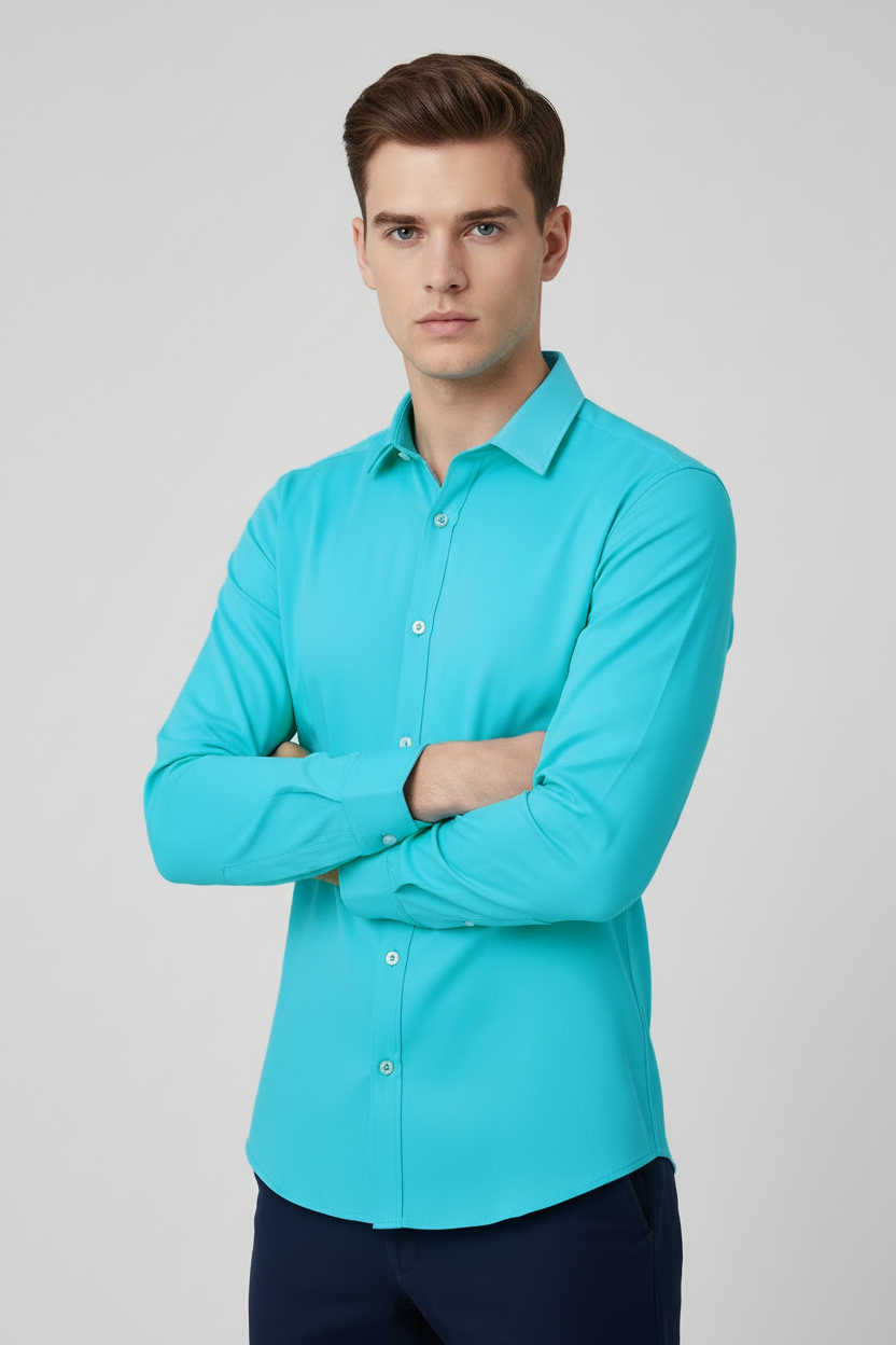 Rawgear 4 Side Lycra Slim Fit Long Sleeve Casual Shirt For Men-Cyan Blue-RG15