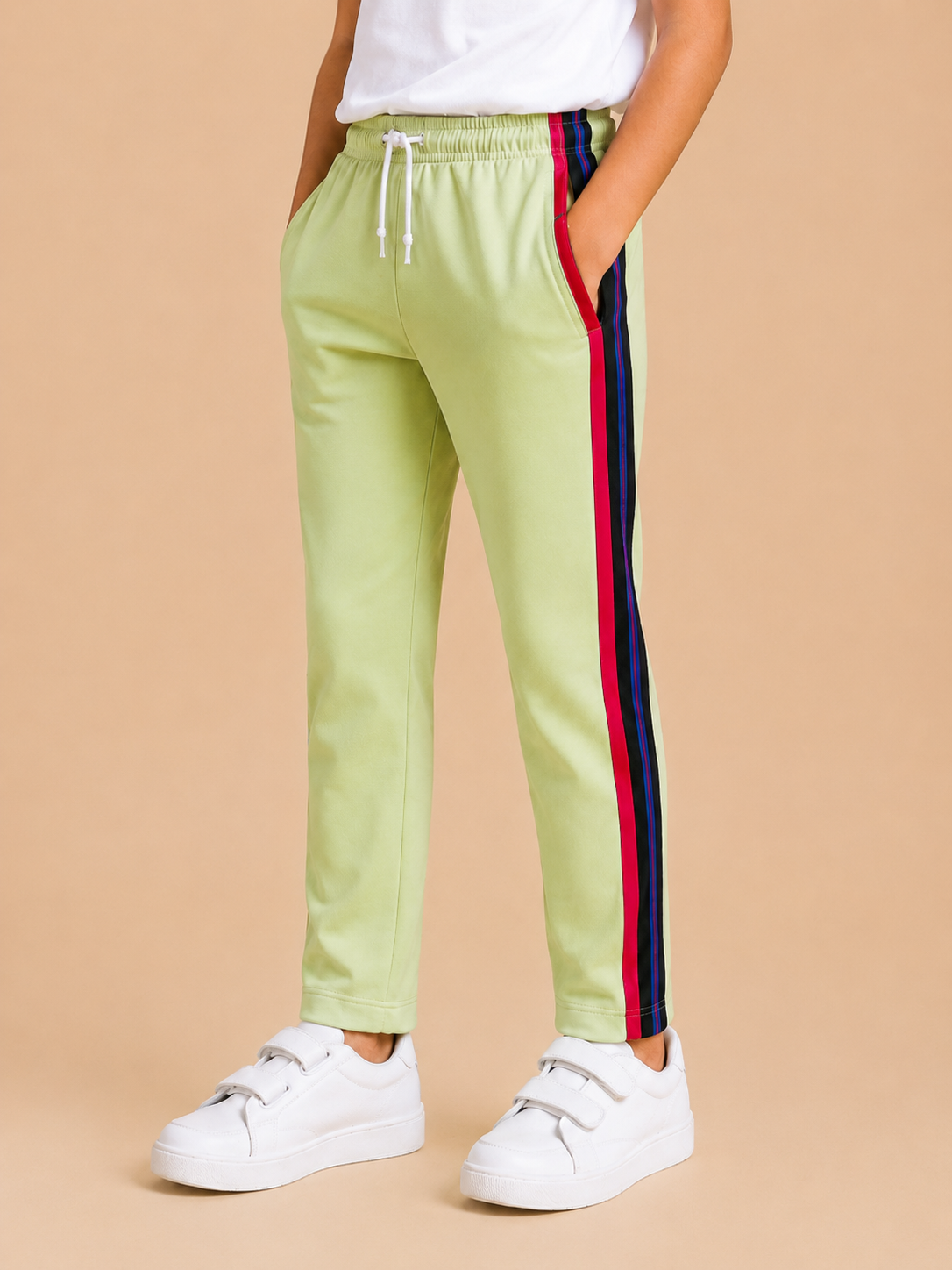 Premium Kids Lycra Trousers lime Green with ,Side panal Stripe p3