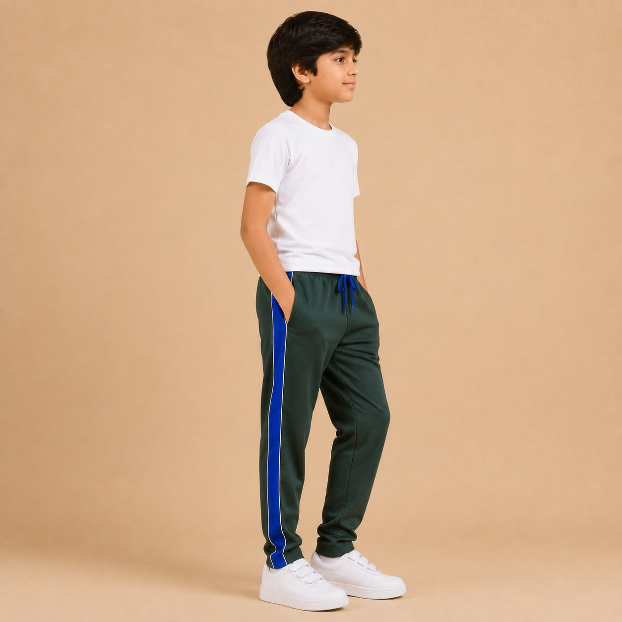 Kids Premium Track Pants – Dark Green with Royal Blue Side Panel ah2