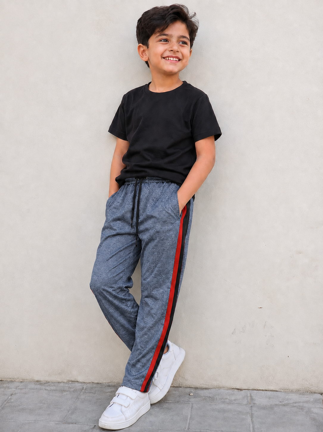 Premium Kids single jersey Trousers Dark grey blue mélange with ,Side Stripe p15