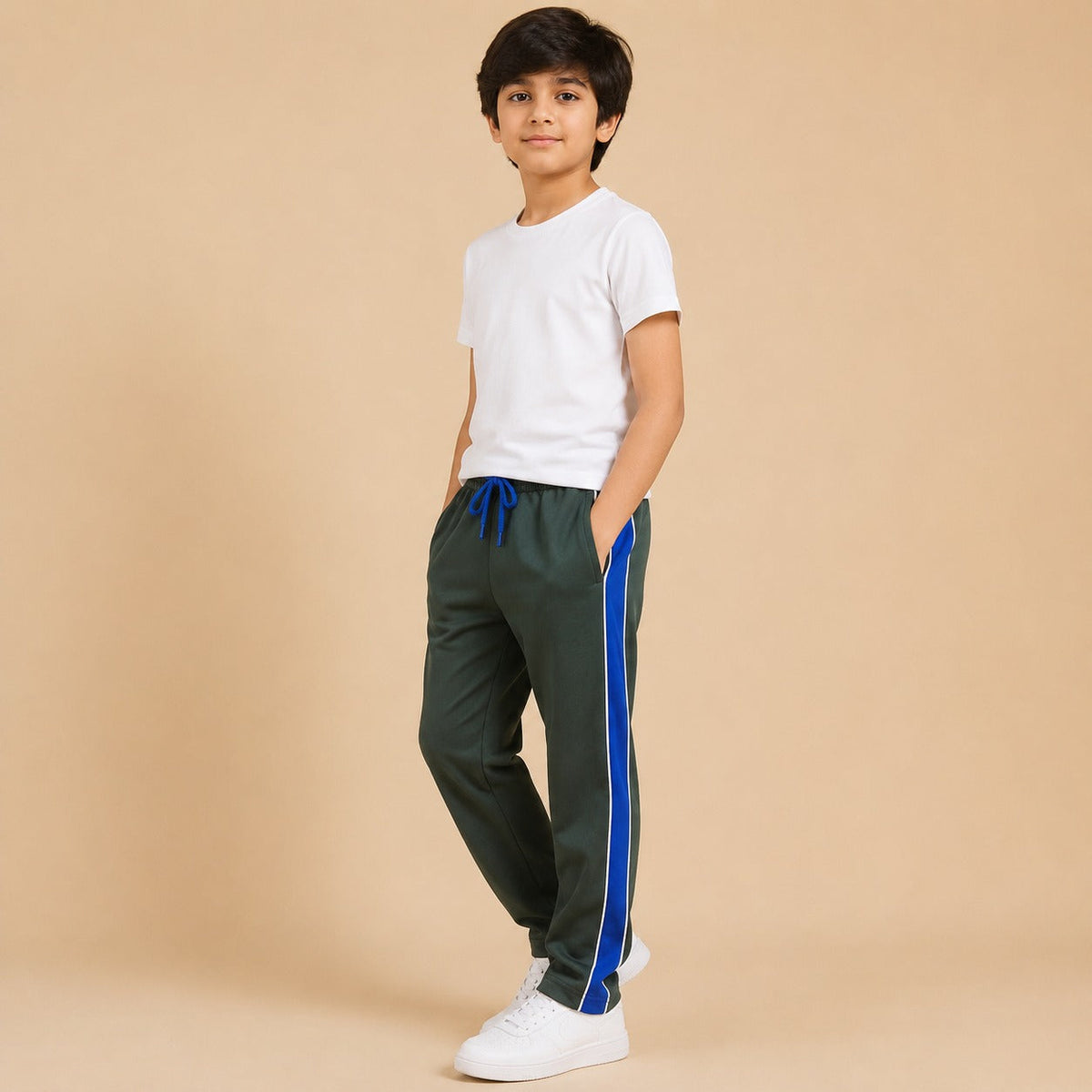 Kids Premium Track Pants – Dark Green with Royal Blue Side Panel ah2