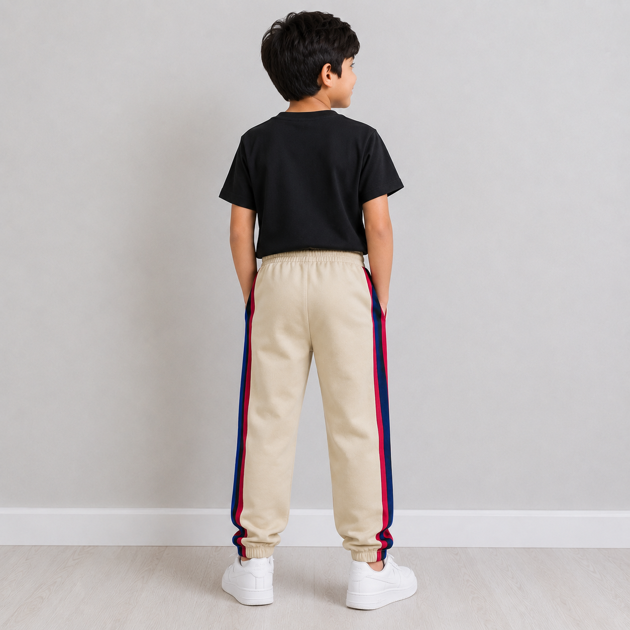 Kids Premium Track Pants – Beige with Red, Black & Royal Blue Stripes bn123