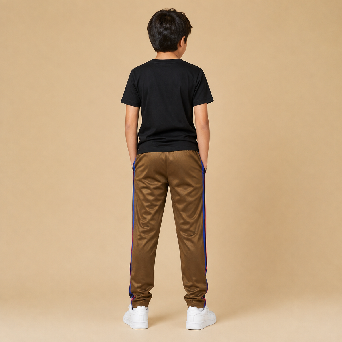 Premium Kids Lycra Trousers Brown with Royal Blue Side Stripe p1