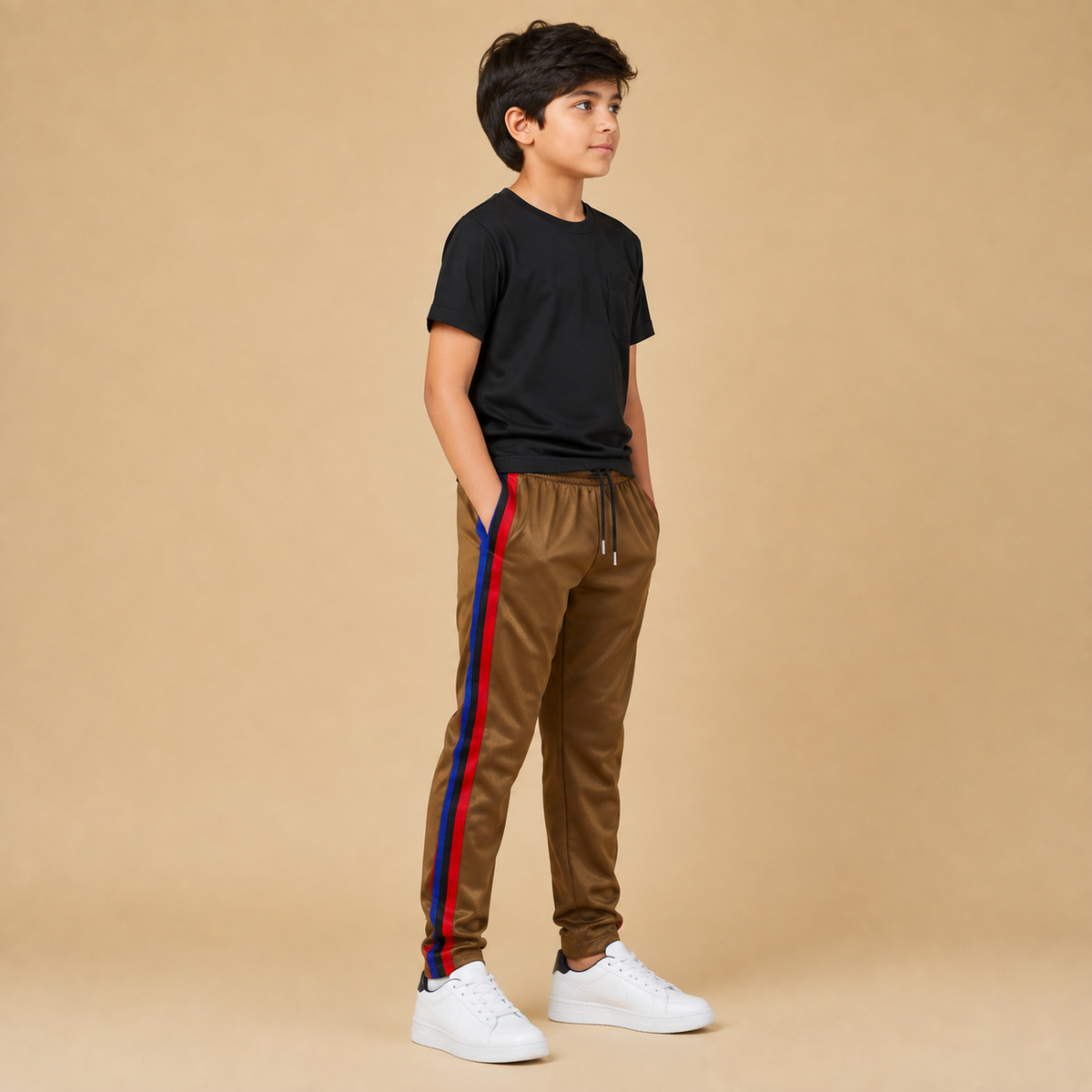 Premium Kids Lycra Trousers Brown with Royal Blue Side Stripe p1