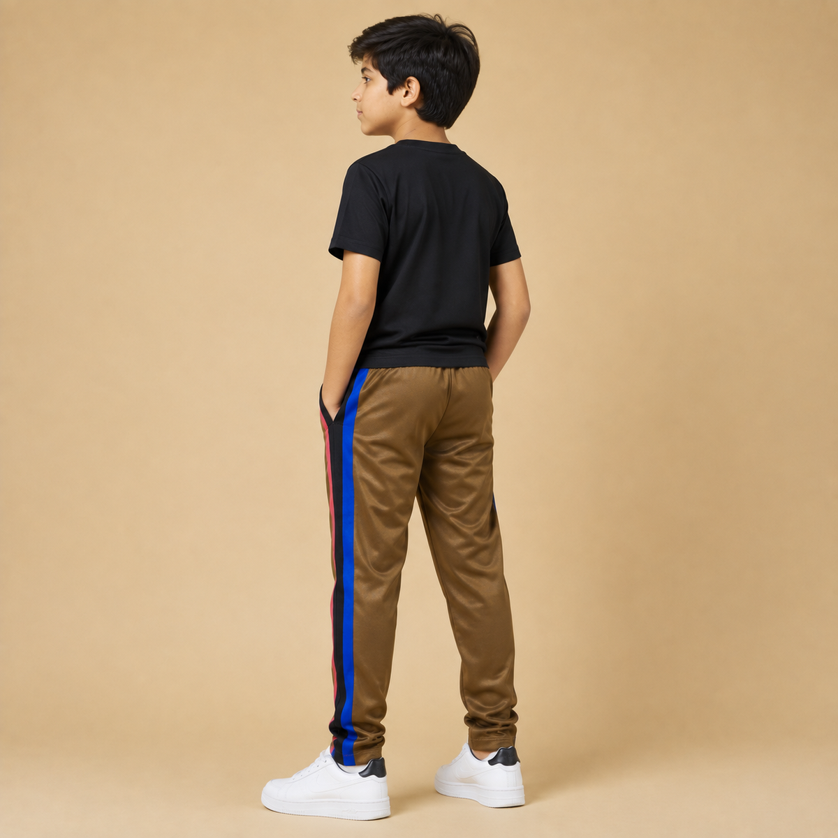 Premium Kids Lycra Trousers Brown with Royal Blue Side Stripe p1