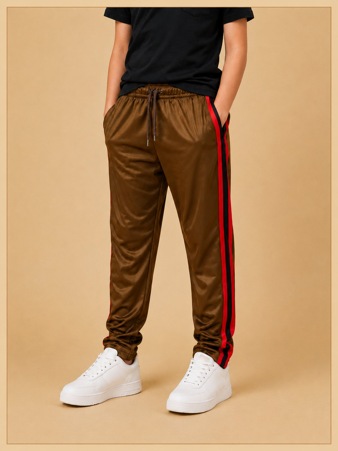 Premium Kids Lycra Trousers Brown with Royal Blue Side Stripe p1