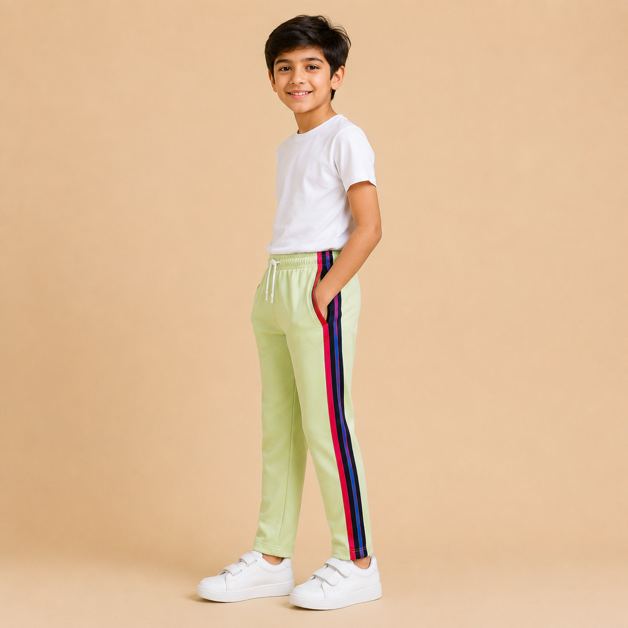 Premium Kids Lycra Trousers lime Green with ,Side panal Stripe p3
