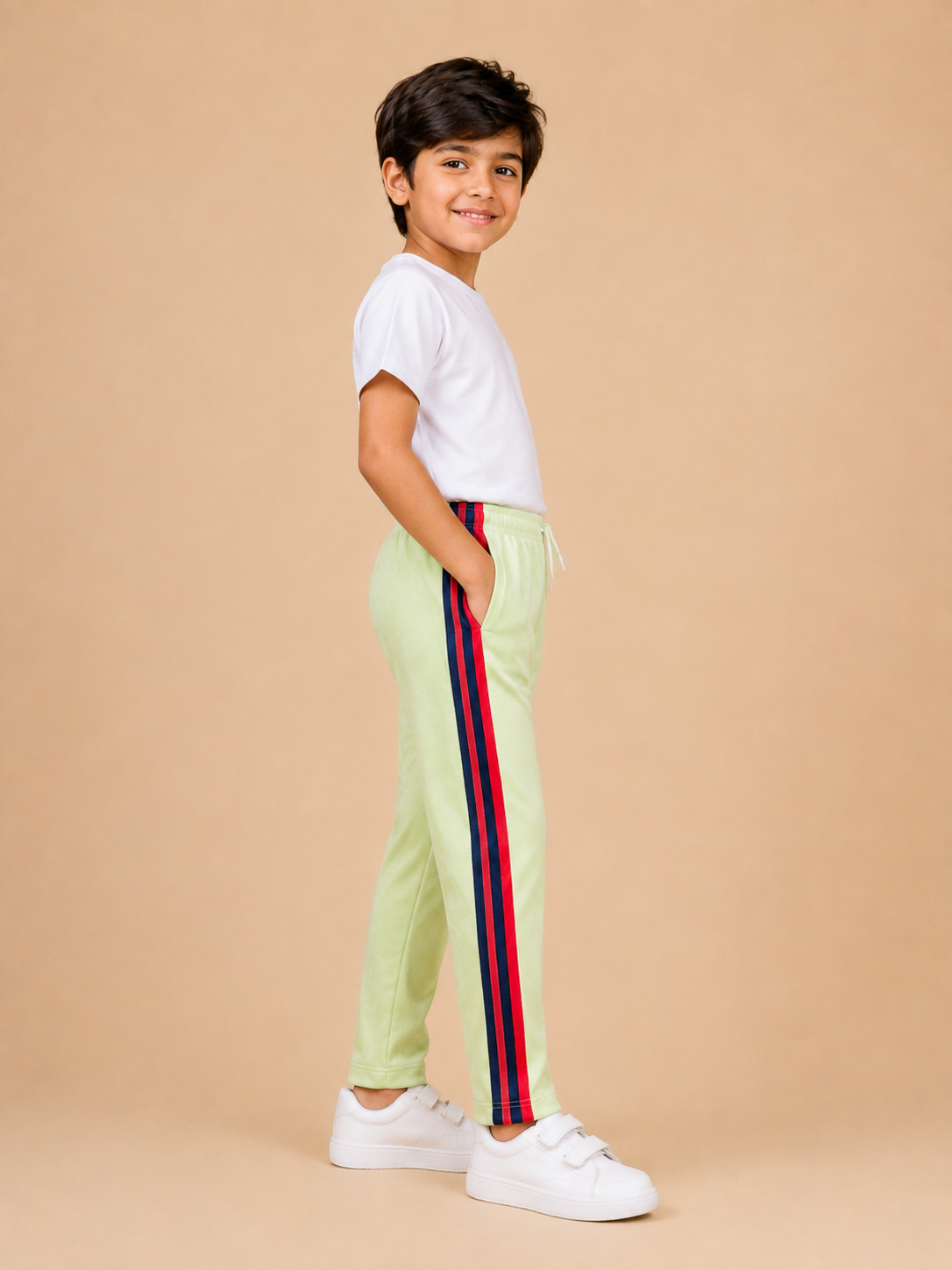 Premium Kids Lycra Trousers lime Green with ,Side panal Stripe p3