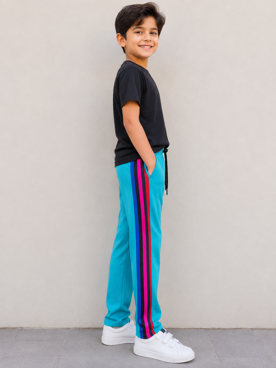 Premium Kids Lycra Trousers Turquoise with Royal Blue ,Red,pink,Side panal Stripe p5