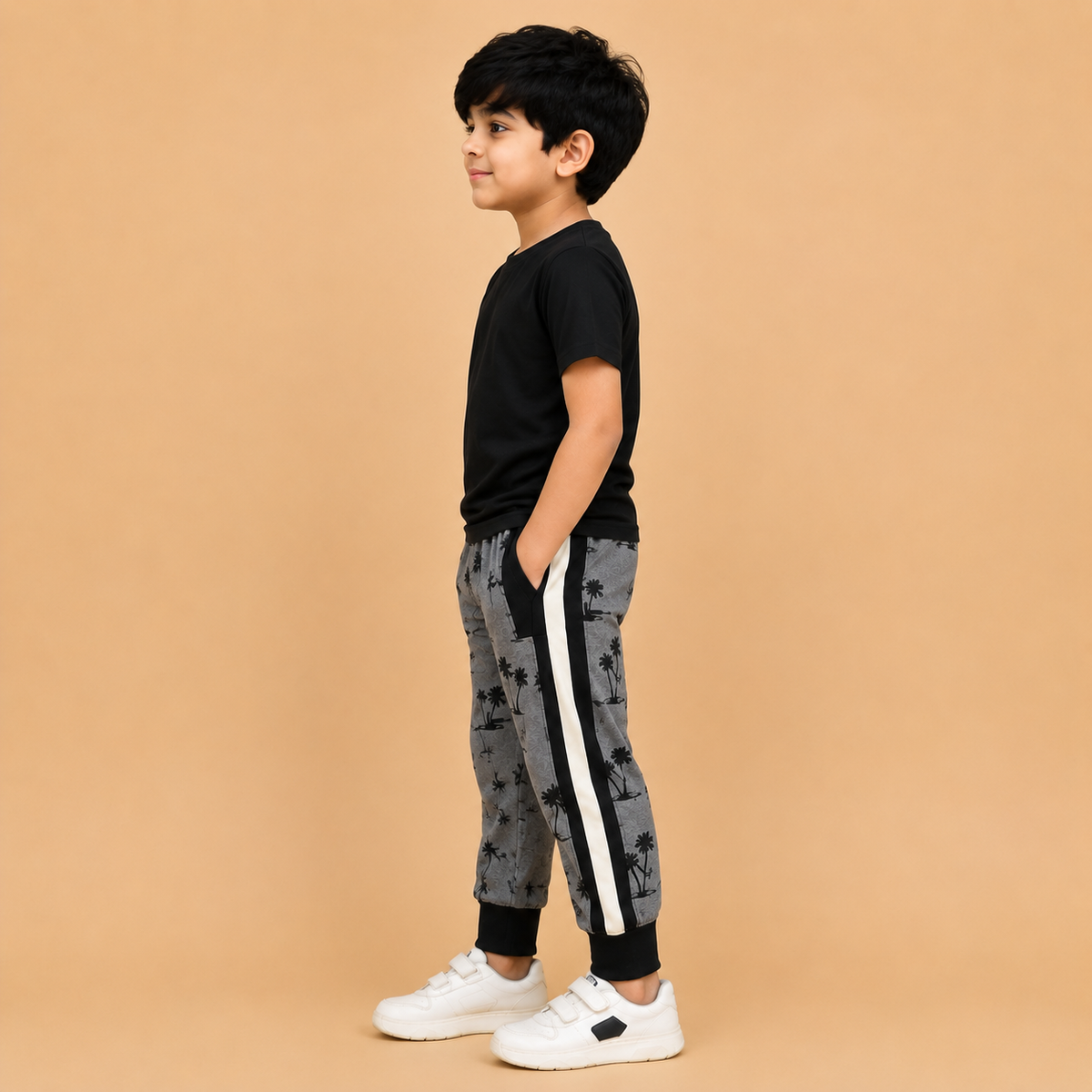 Kids Printed Jogger Pants with Side Stripe – Grey & Black na18