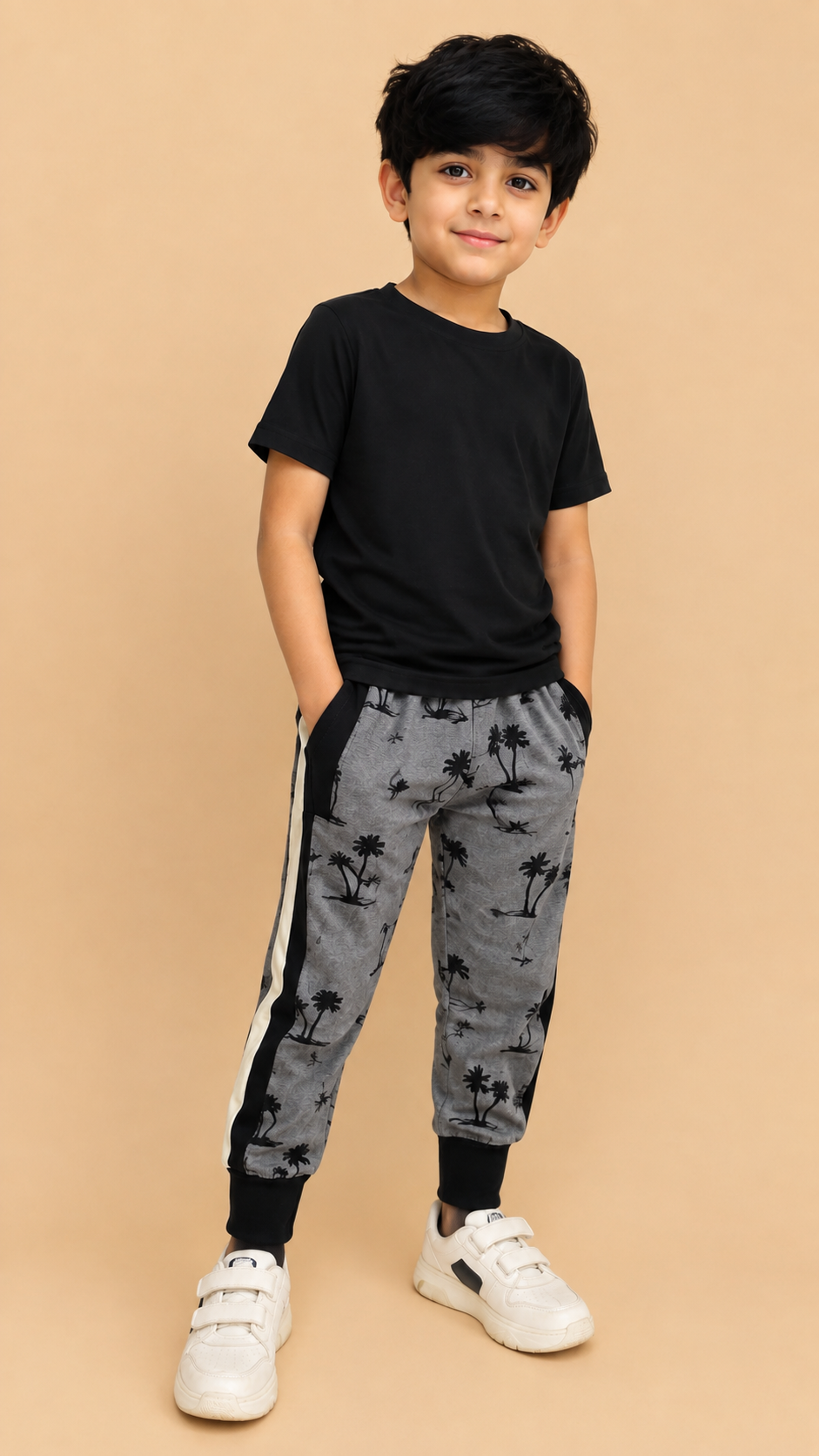 Kids Printed Jogger Pants with Side Stripe – Grey & Black na18