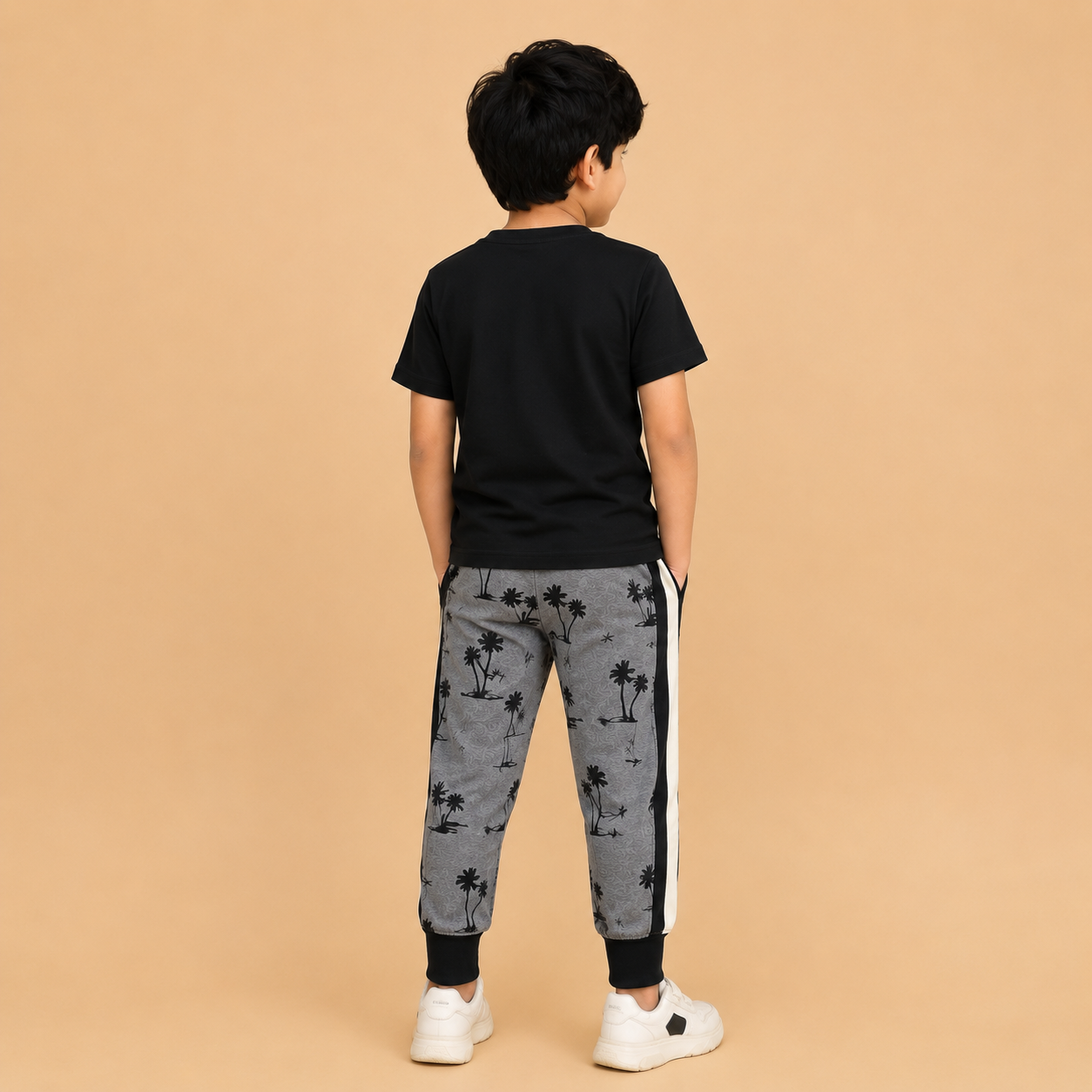 Kids Printed Jogger Pants with Side Stripe – Grey & Black na18
