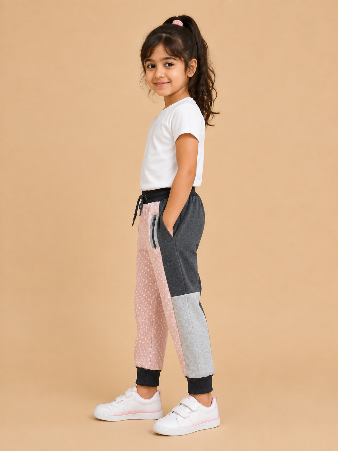Kids Star Print Color Block Jogger Pants – Pink & Grey na15