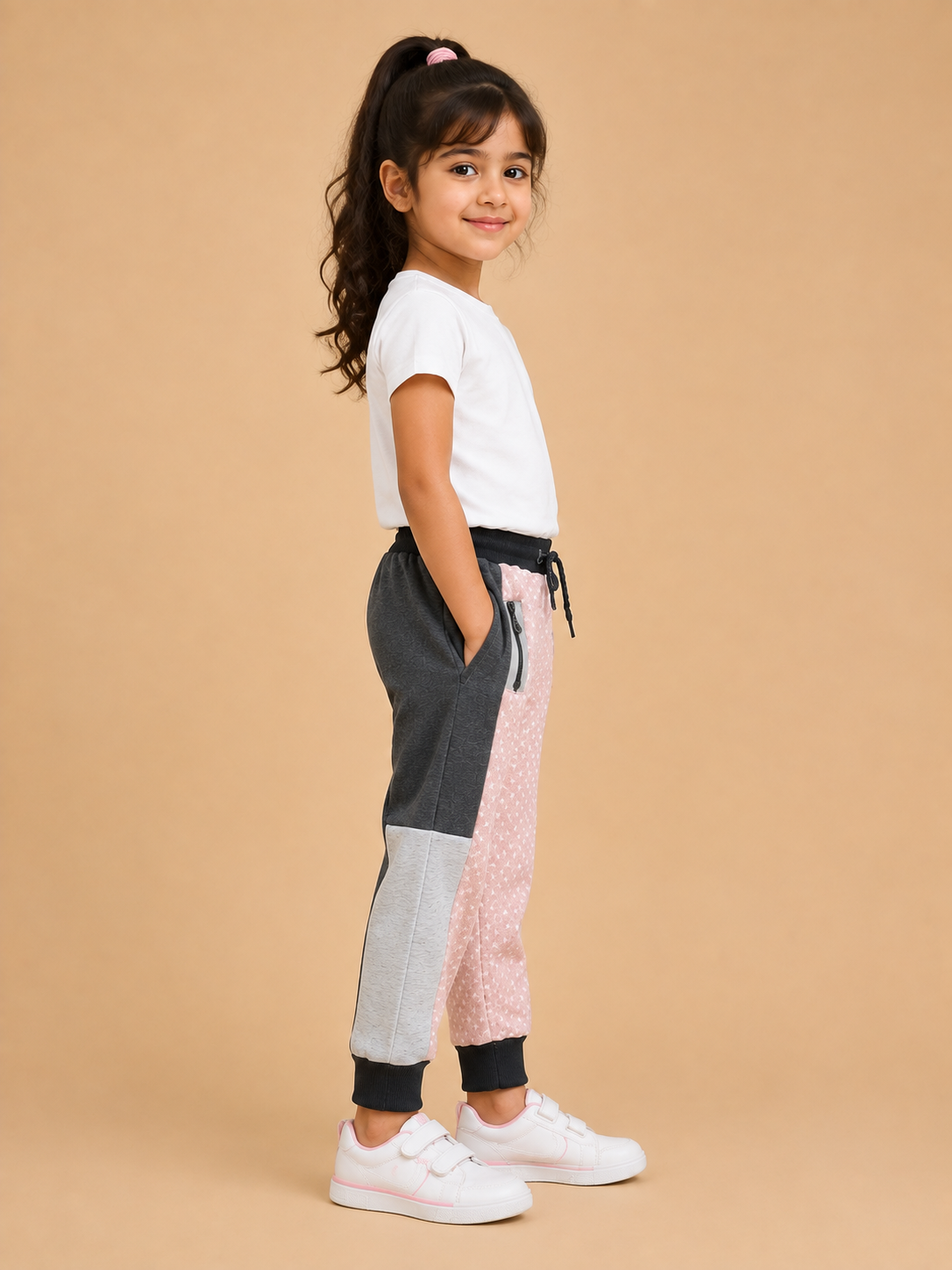 Kids Star Print Color Block Jogger Pants – Pink & Grey na15