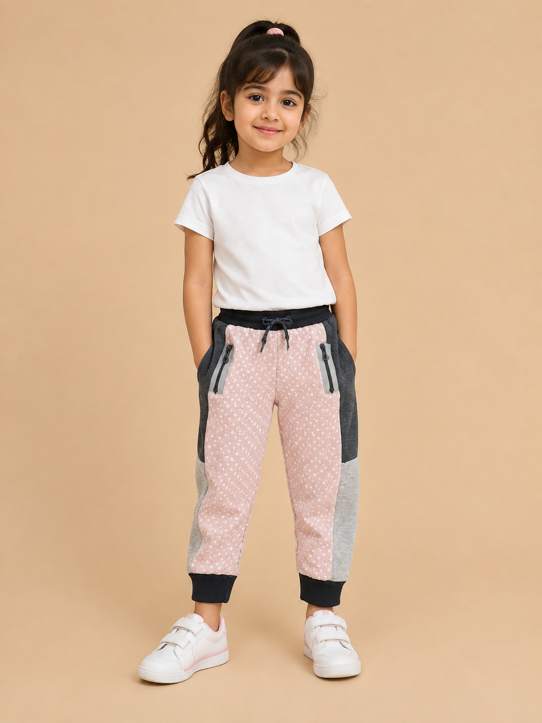 Kids Star Print Color Block Jogger Pants – Pink & Grey na15