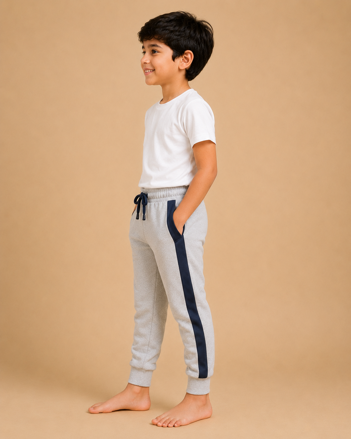 : Kids Grey Jogger Pants with Navy Side Stripe – Casual Sports Trouser na14