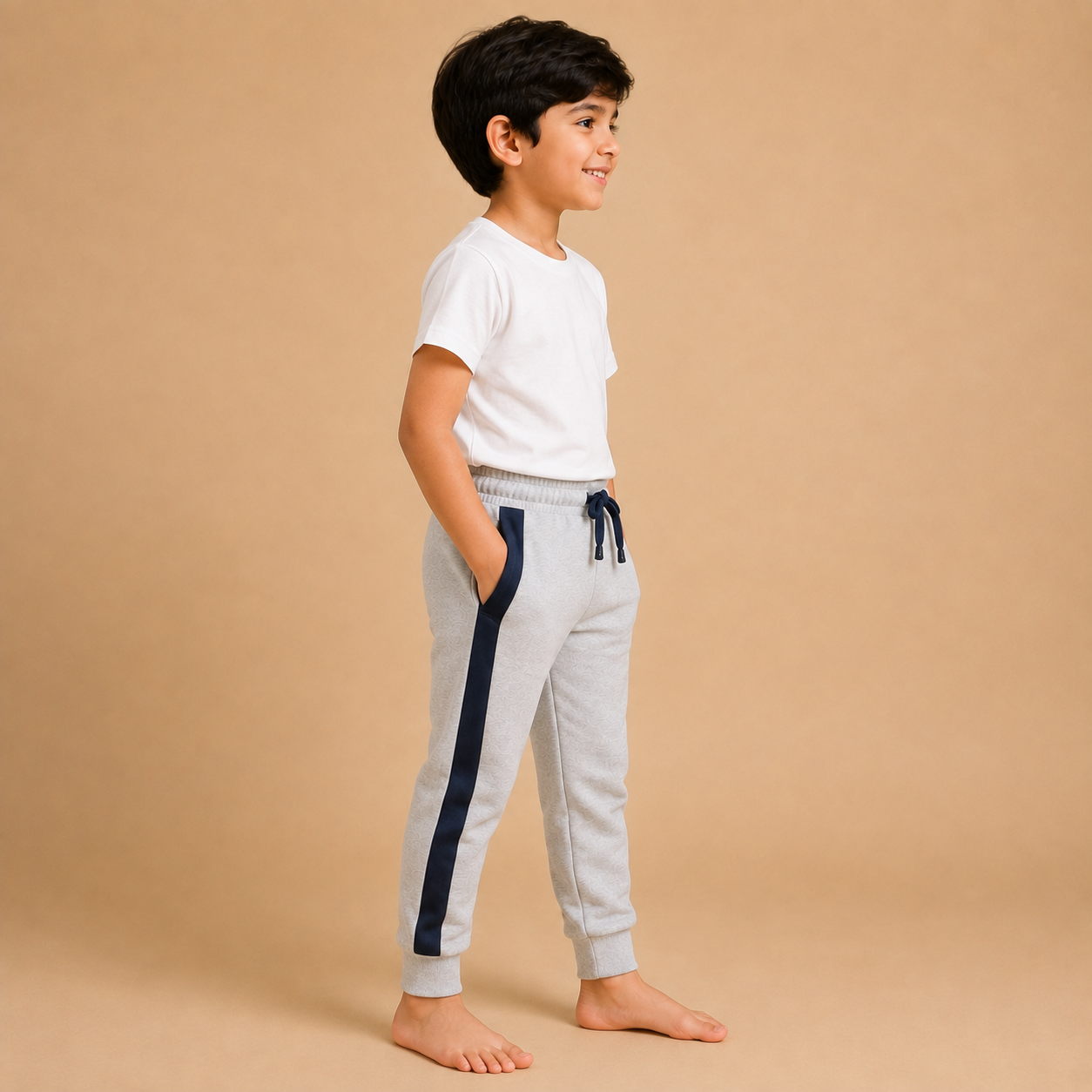 : Kids Grey Jogger Pants with Navy Side Stripe – Casual Sports Trouser na14