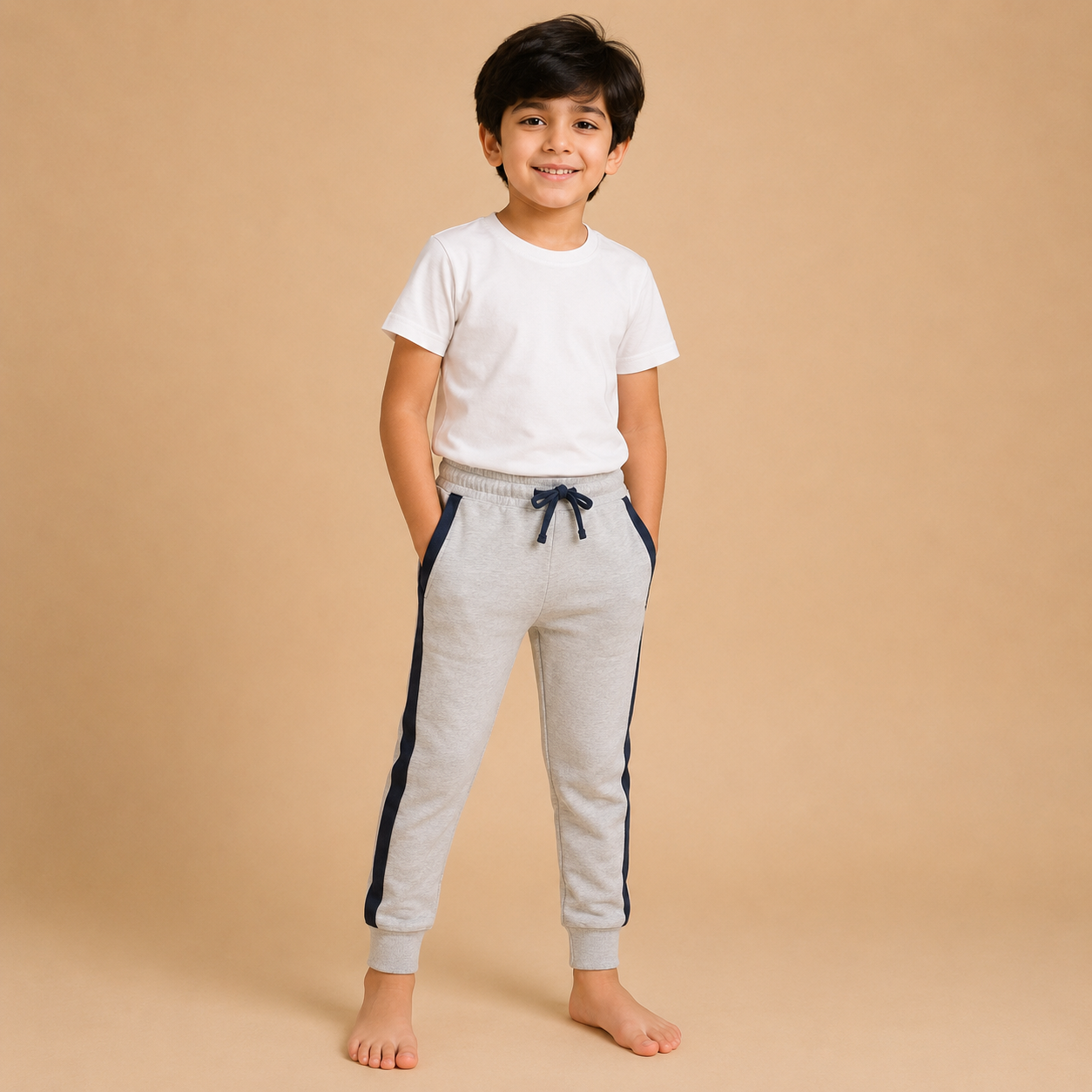 : Kids Grey Jogger Pants with Navy Side Stripe – Casual Sports Trouser na14