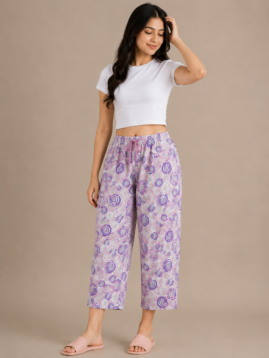 Women's Printed Cotton Palazzo Pants – Lavender Floral Lounge Trousers gty65