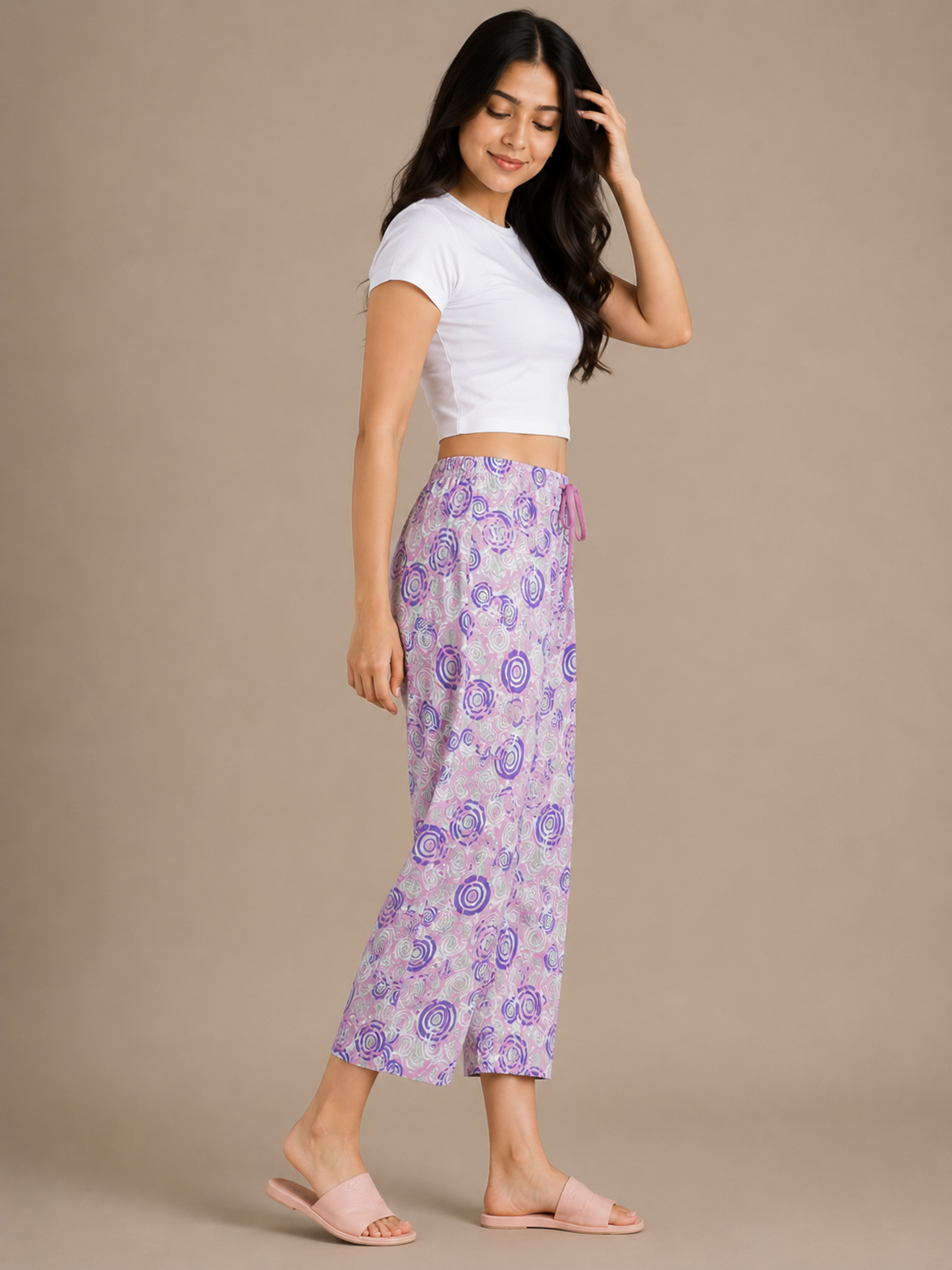 Women's Printed Cotton Palazzo Pants – Lavender Floral Lounge Trousers gty65