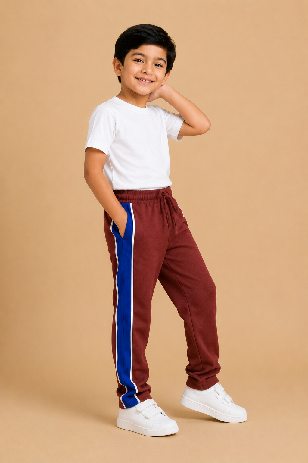 Premium Boys Trouser- Rust Brown with Royal blue -T02