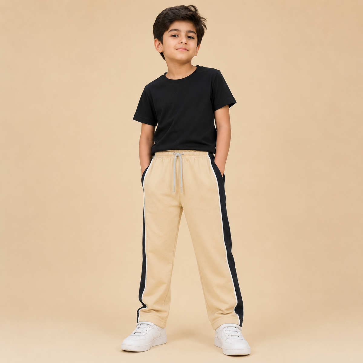 Premium Boys Trouser-  Off-White Cream With Navy -T32