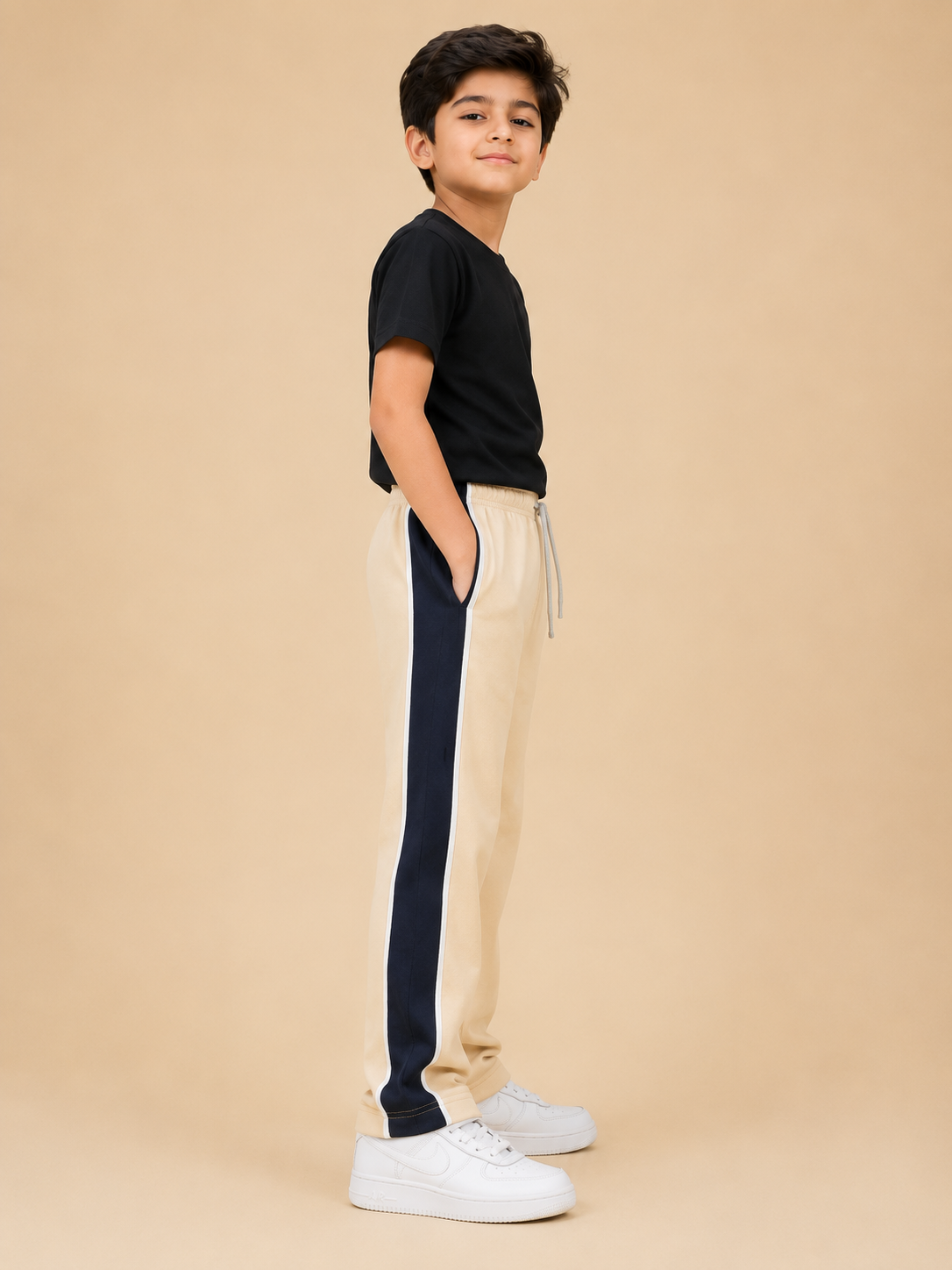 Premium Boys Trouser-  Off-White Cream With Navy -T32