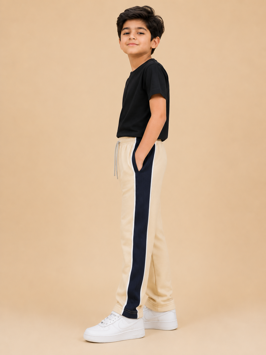 Premium Boys Trouser-  Off-White Cream With Navy -T32