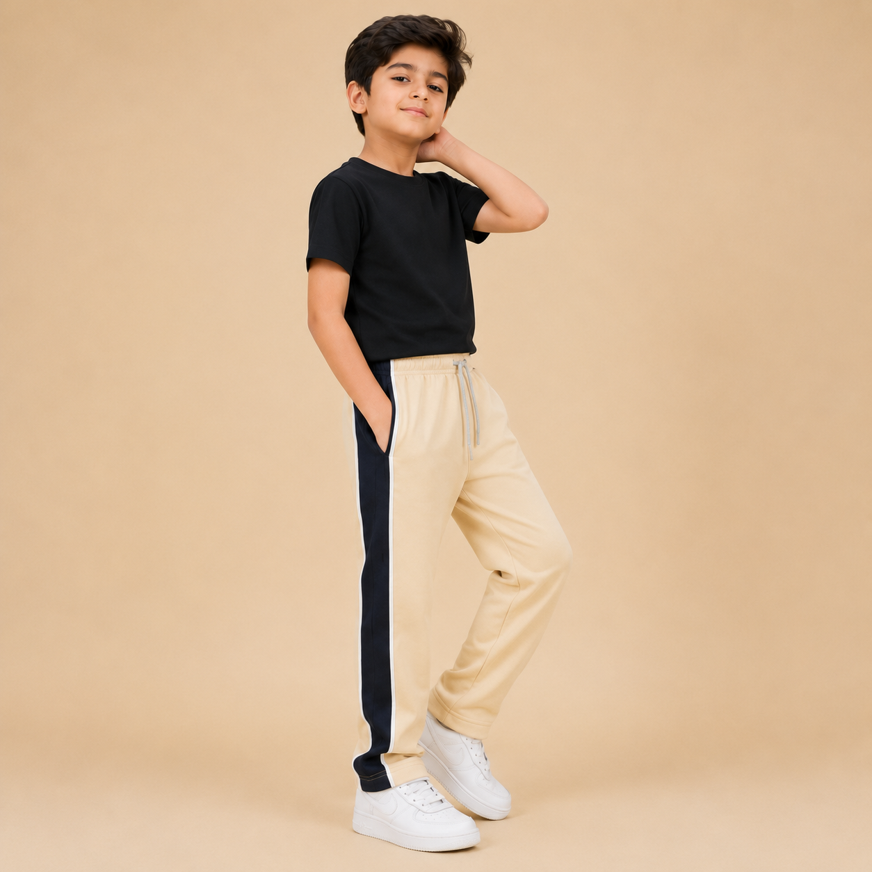 Premium Boys Trouser-  Off-White Cream With Navy -T32