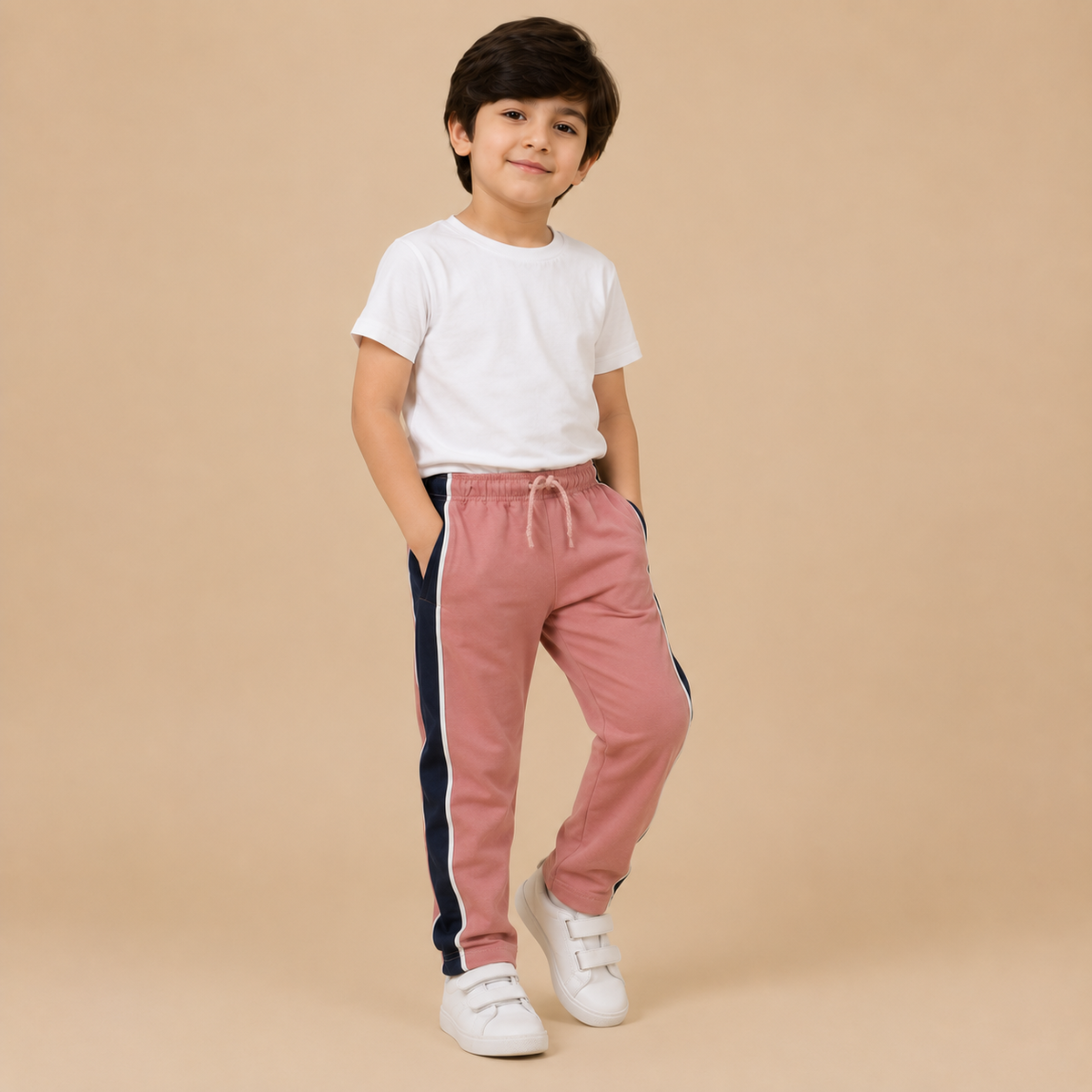 Premium Boys Trouser- Muted Rose Pink With Navy -T35