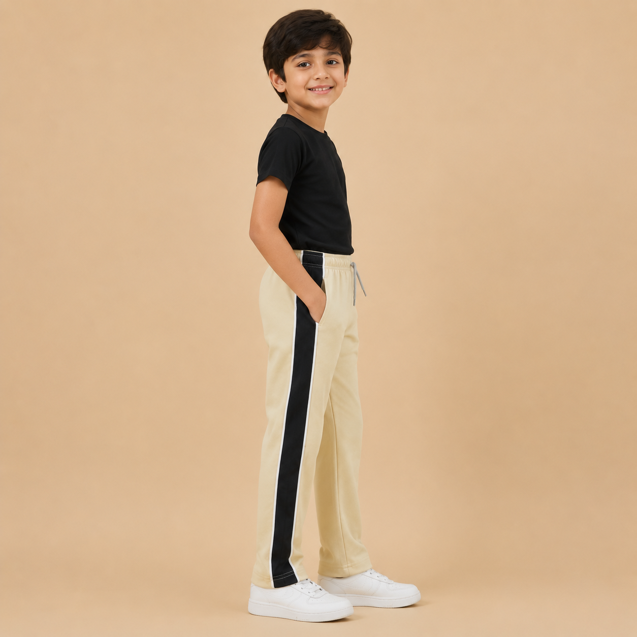 Premium Boys Trouser- Light Cream With Navy T41