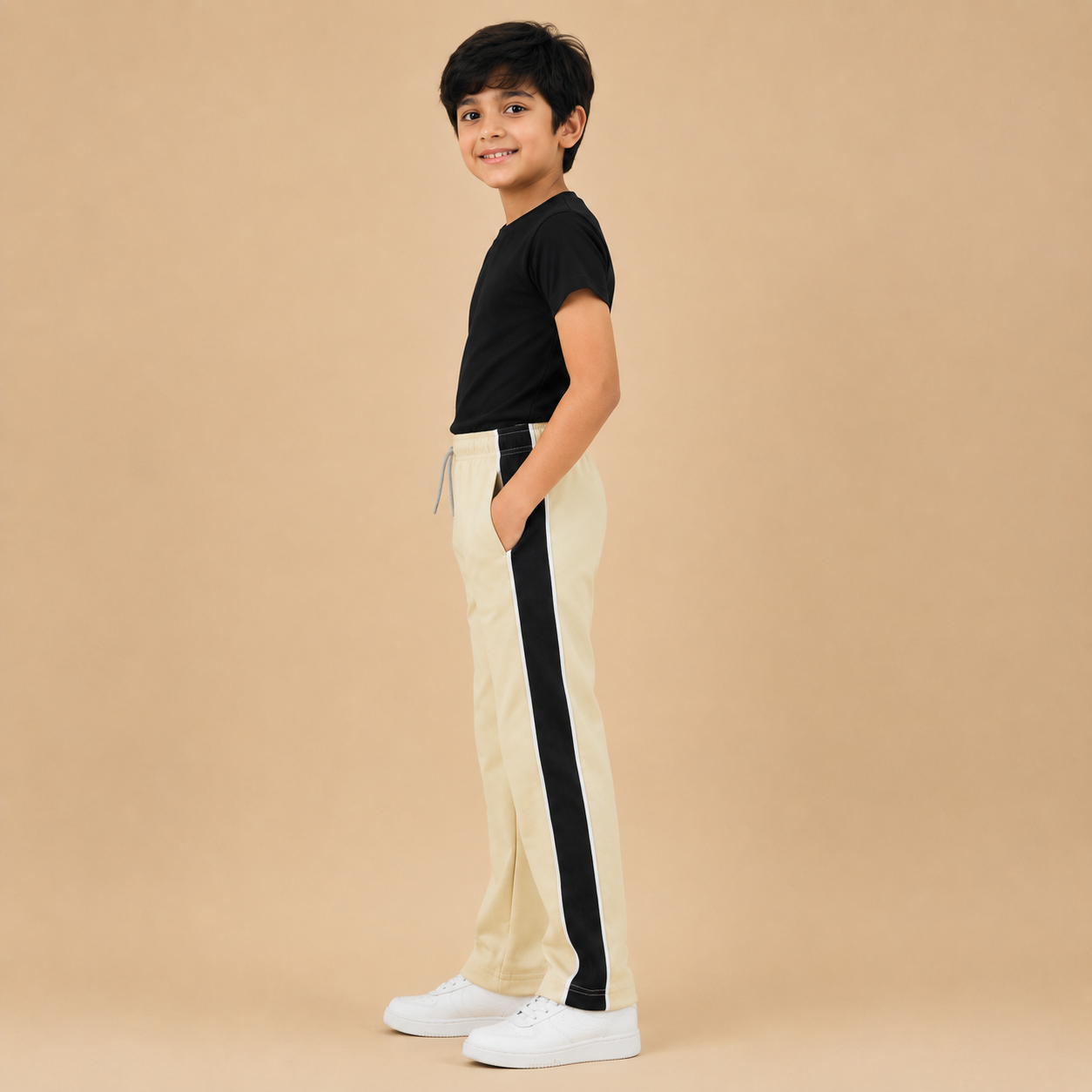 Premium Boys Trouser- Light Cream With Navy T41