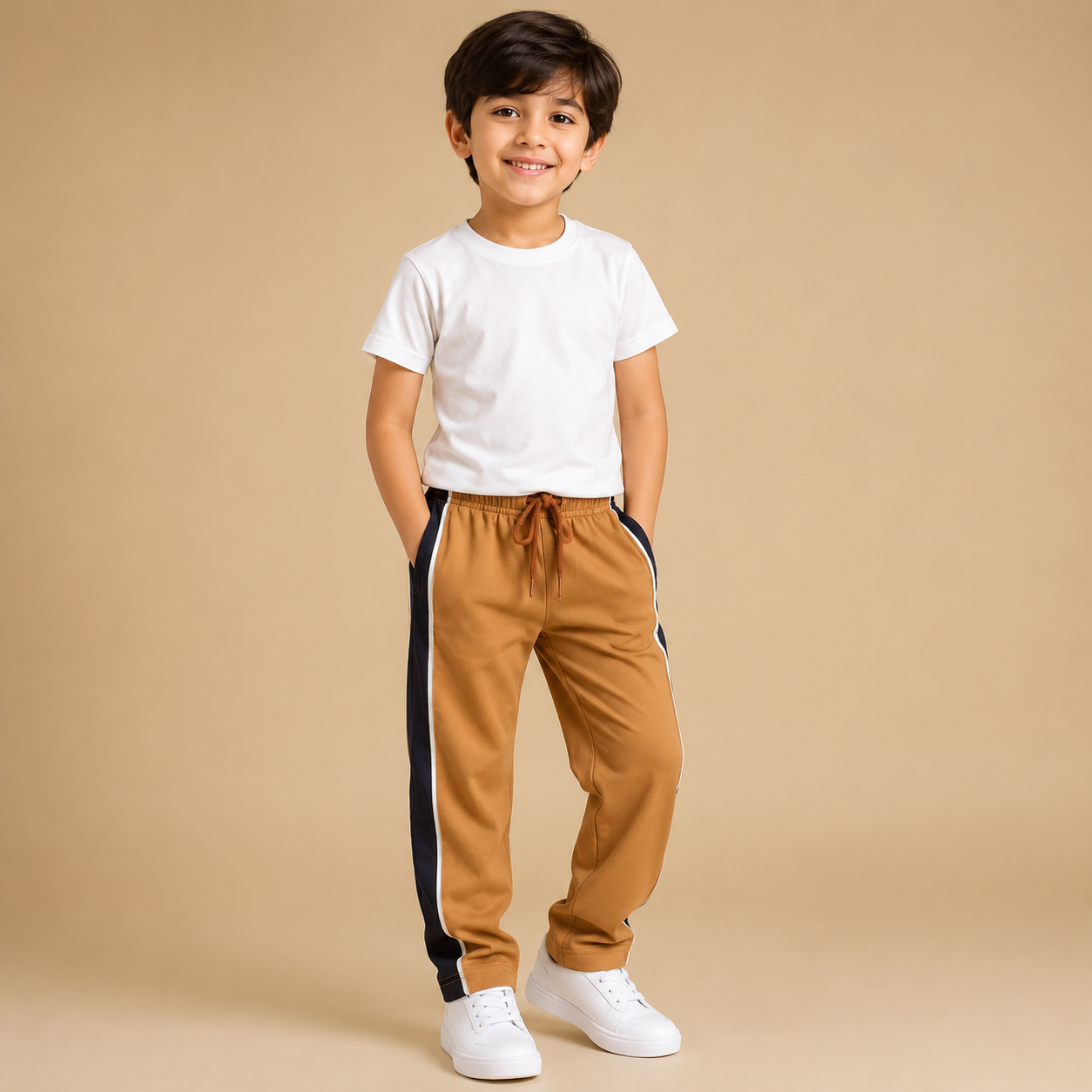 Premium Boys Trouser- Light Camel With Navy T43