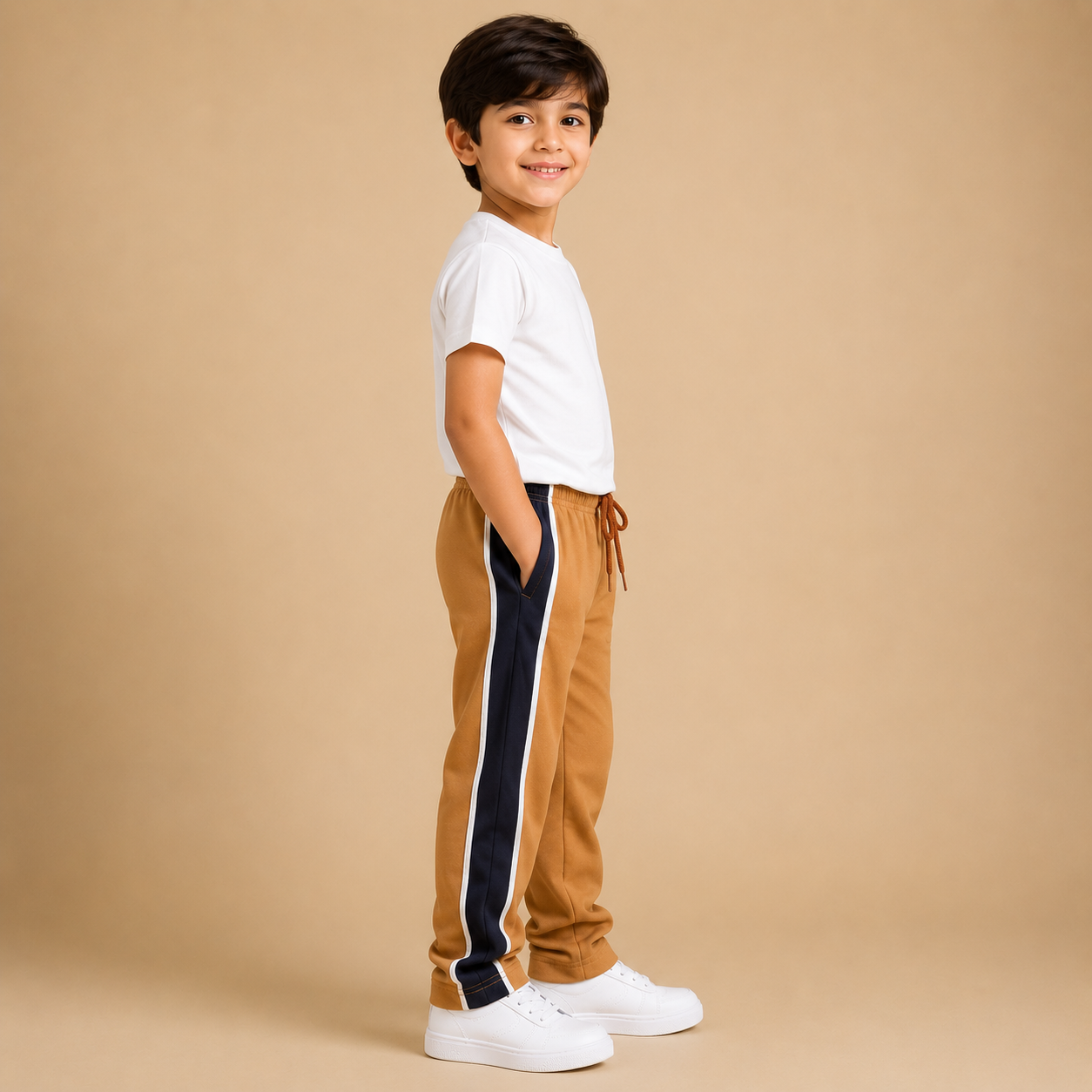 Premium Boys Trouser- Light Camel With Navy T43