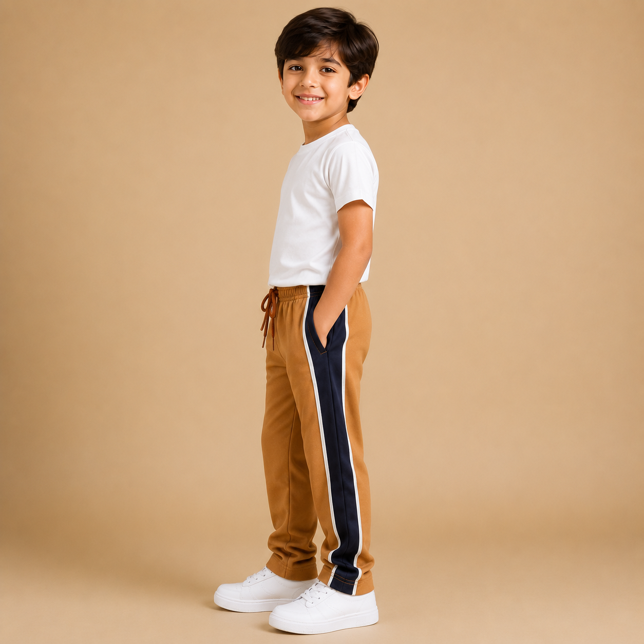 Premium Boys Trouser- Light Camel With Navy T43