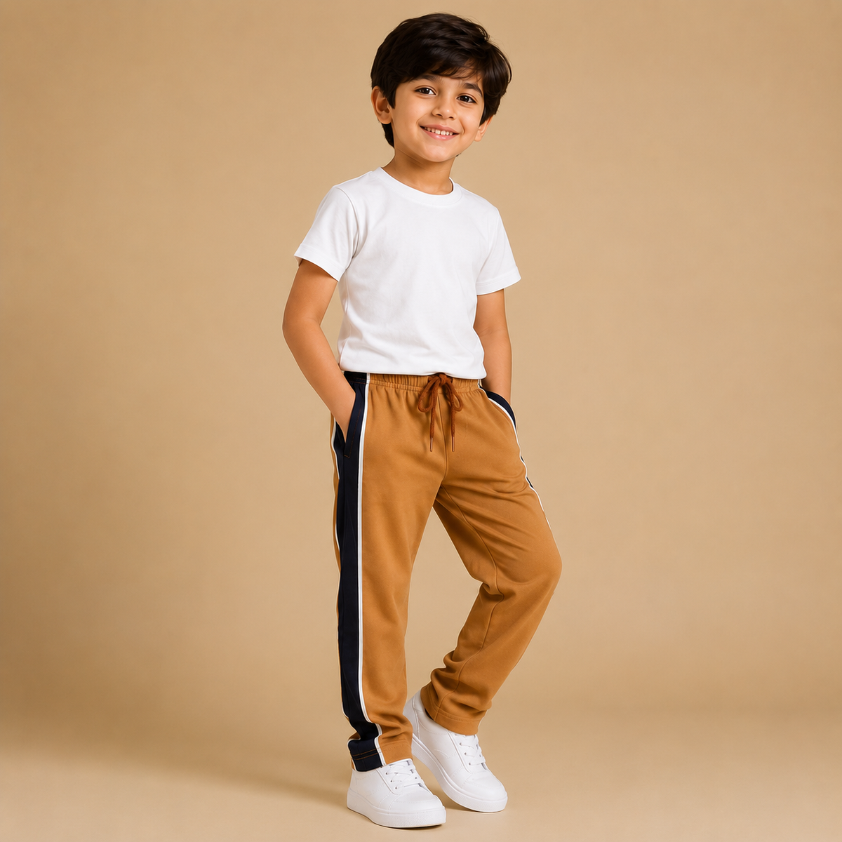 Premium Boys Trouser- Light Camel With Navy T43