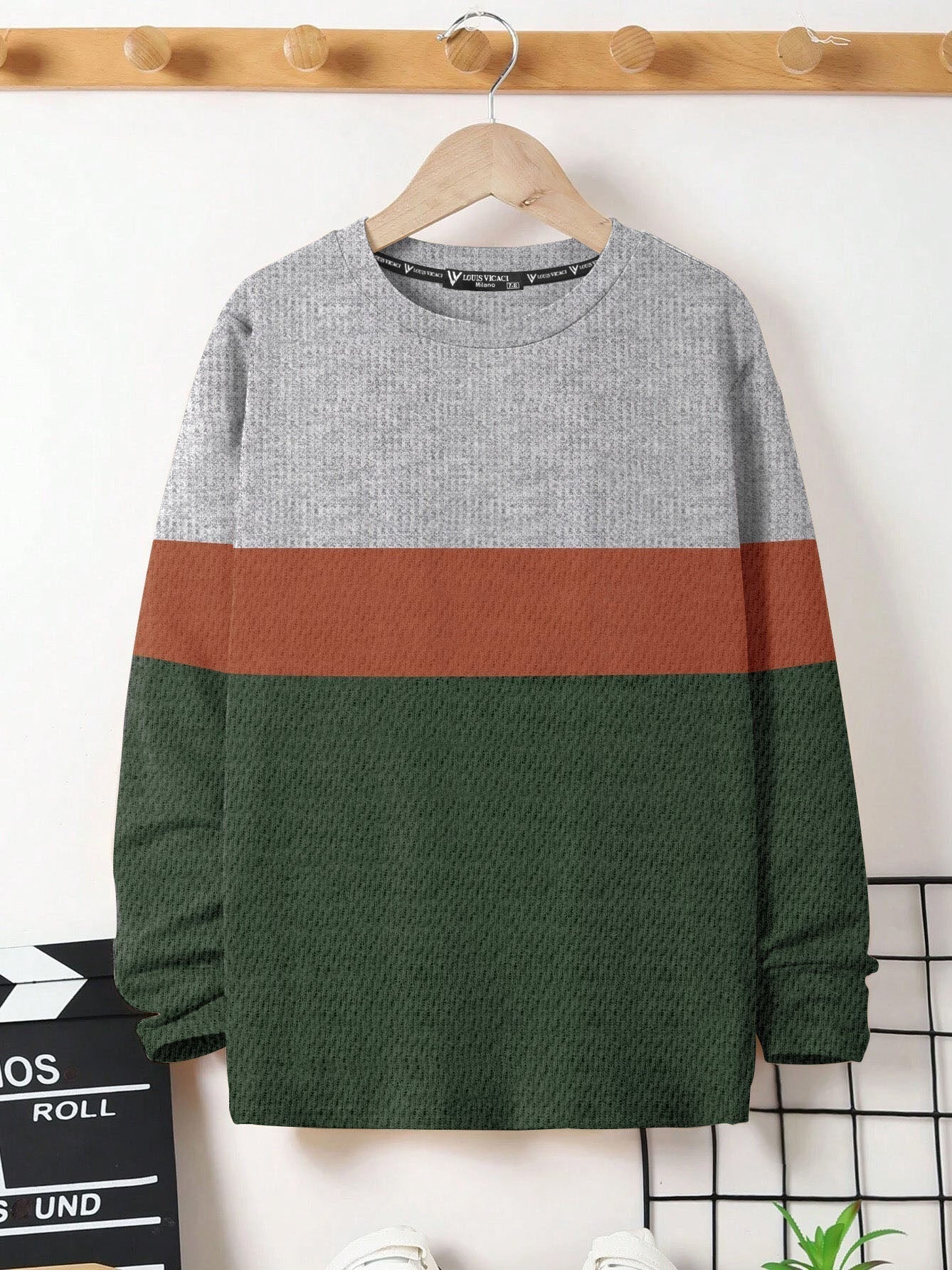 LV Crew Neck Long Sleeve Thermal Tee Shirt For Kids-Grey with Orange & Green-BE973/BR13220