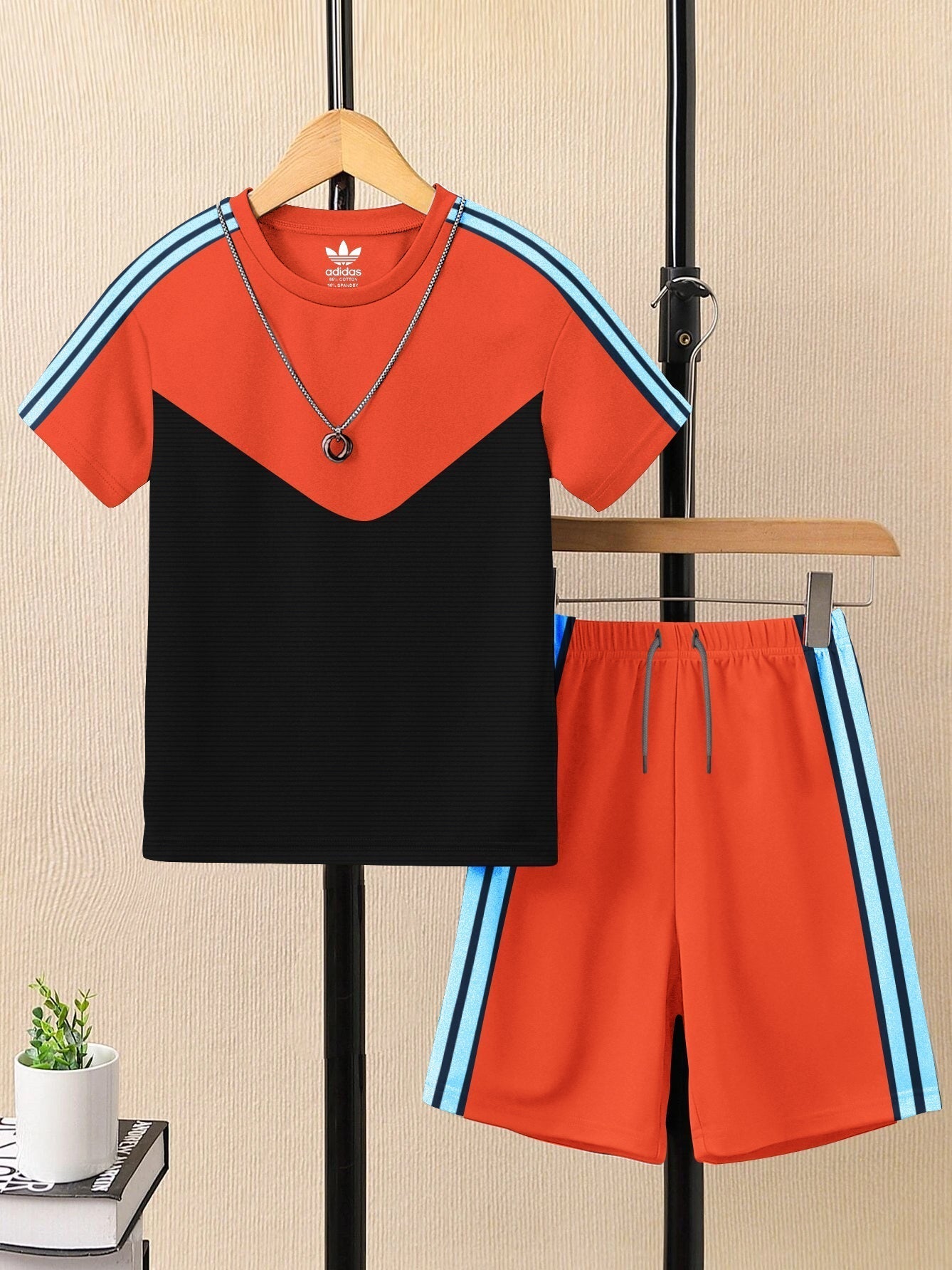 Summer T Shirt & Short Suit For Kids-Orange & Black Lining with Sky,Navy Stripe-BE3311/BR15749