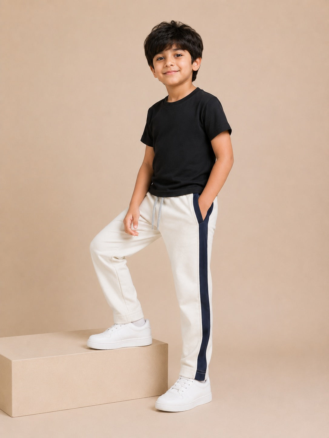 Premium Boys Trouser-White with Navy-T13