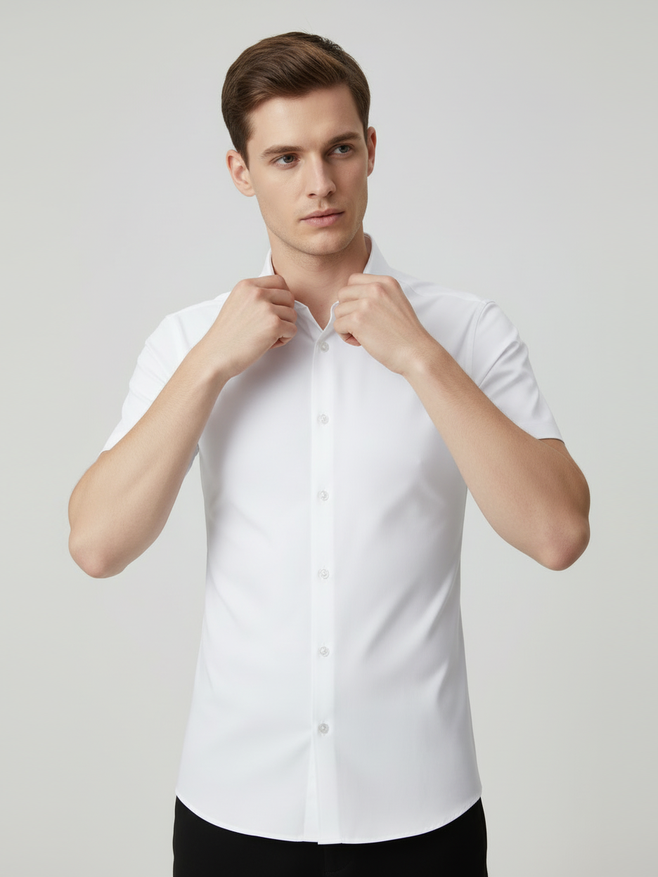 Louis Vicaci Super Stretchy Slim Fit Half Sleeve Summer Formal Casual Shirt For Men-White-BR572
