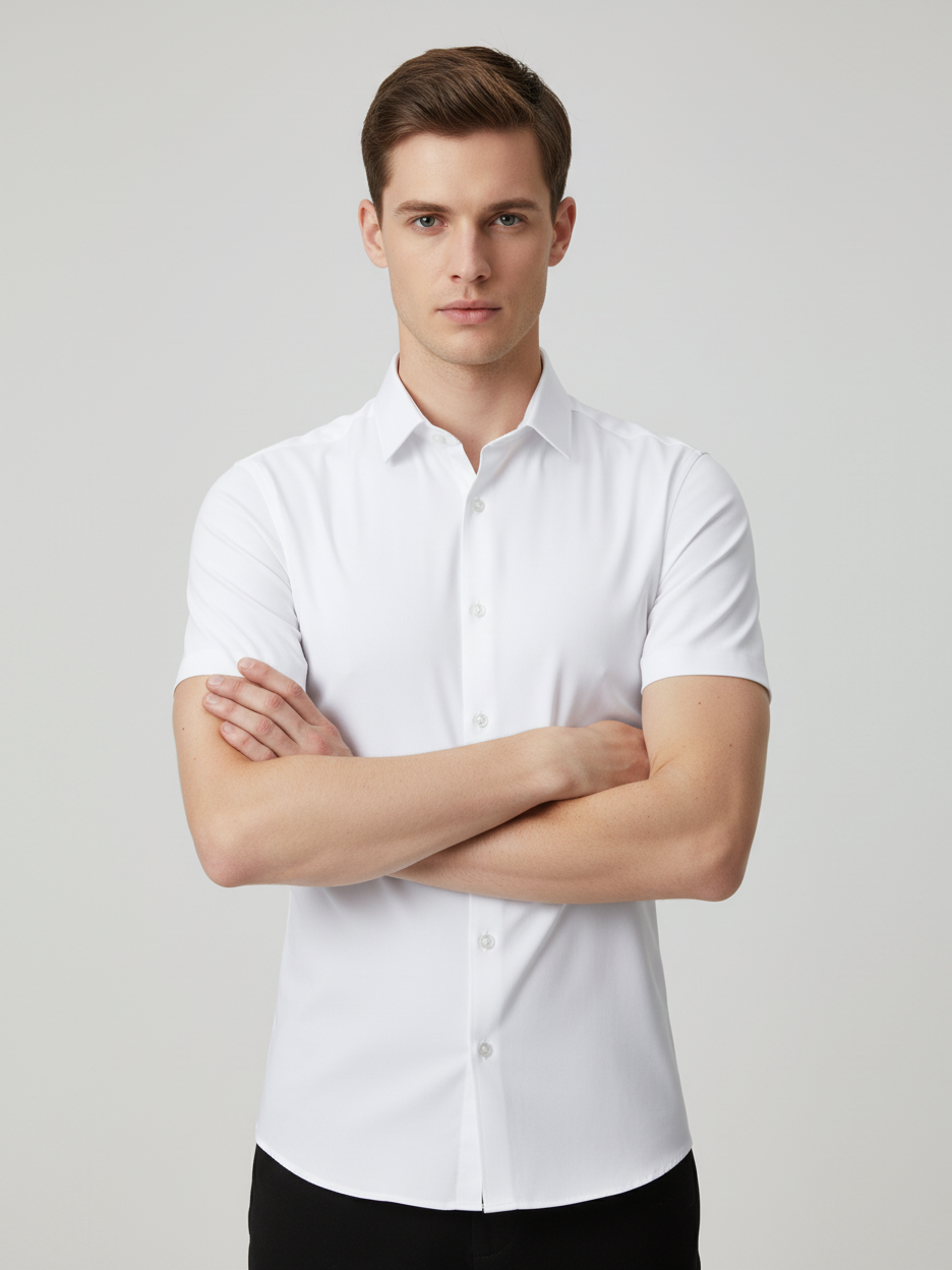 Louis Vicaci Super Stretchy Slim Fit Half Sleeve Summer Formal Casual Shirt For Men-White-BR572