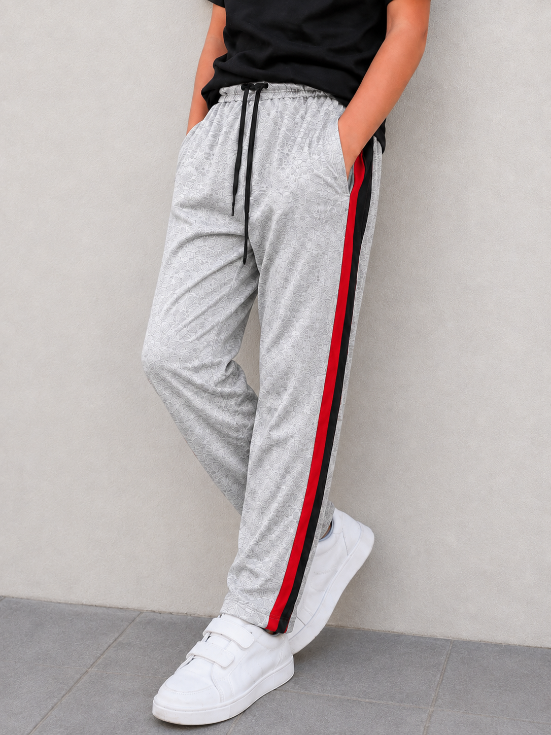 Premium Kids single jersey Trousers grey  mélange with ,Side Stripe p16