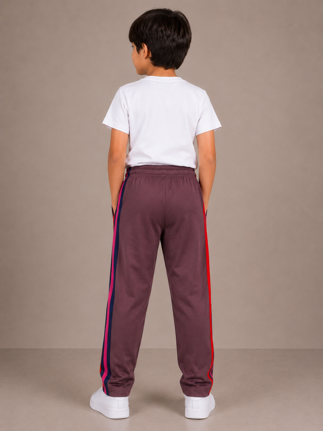 Premium Kids Lycra Trousers Mauve Brown with Royal Blue ,Red,pink,Side panal Stripe p9