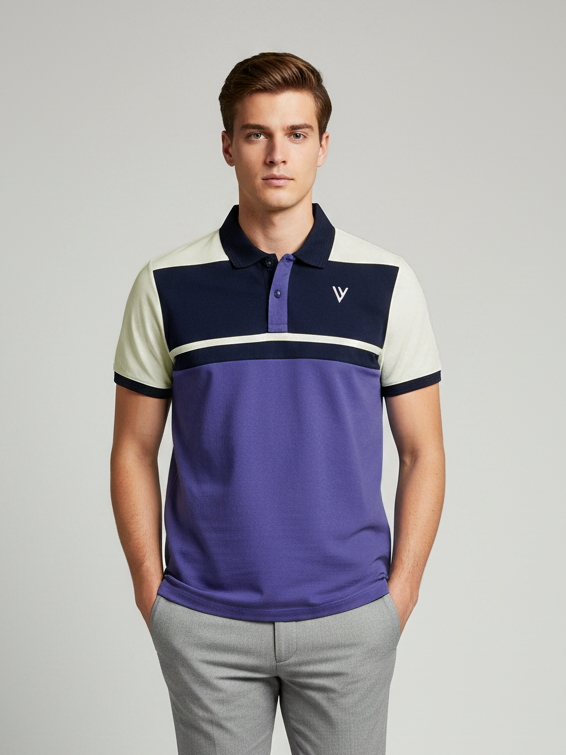 LV Summer Polo Shirt For Men-Off White & Purple Panel-BE2123