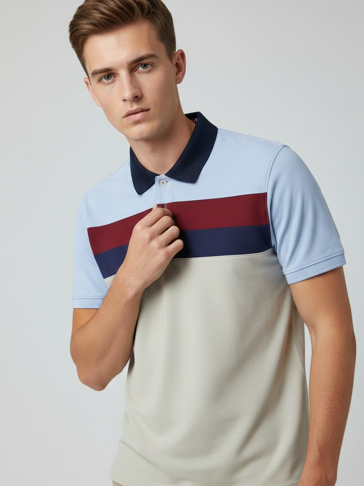 Stylish Summer Polo Shirt For Men-Light Grey & Sky Blue-NSK65